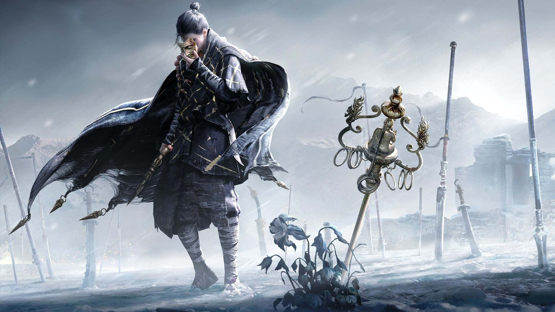  壁紙 — 一位身穿深色長袍的戰士莊嚴地站在雪地戰場上，華麗的劍插在地上。