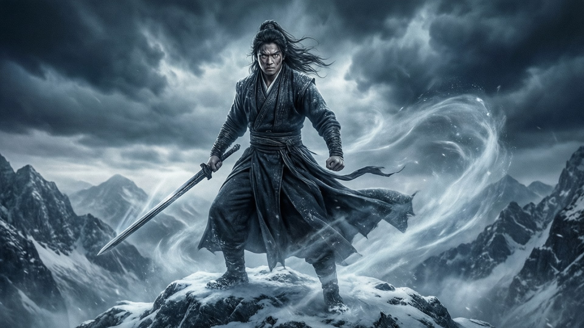 Legend Of The Northern Blade 桌布 壁紙 — 一名戰士站在白雪皚皚的山頂上揮舞著劍，旋轉的迷霧和烏雲在他周圍肆虐。