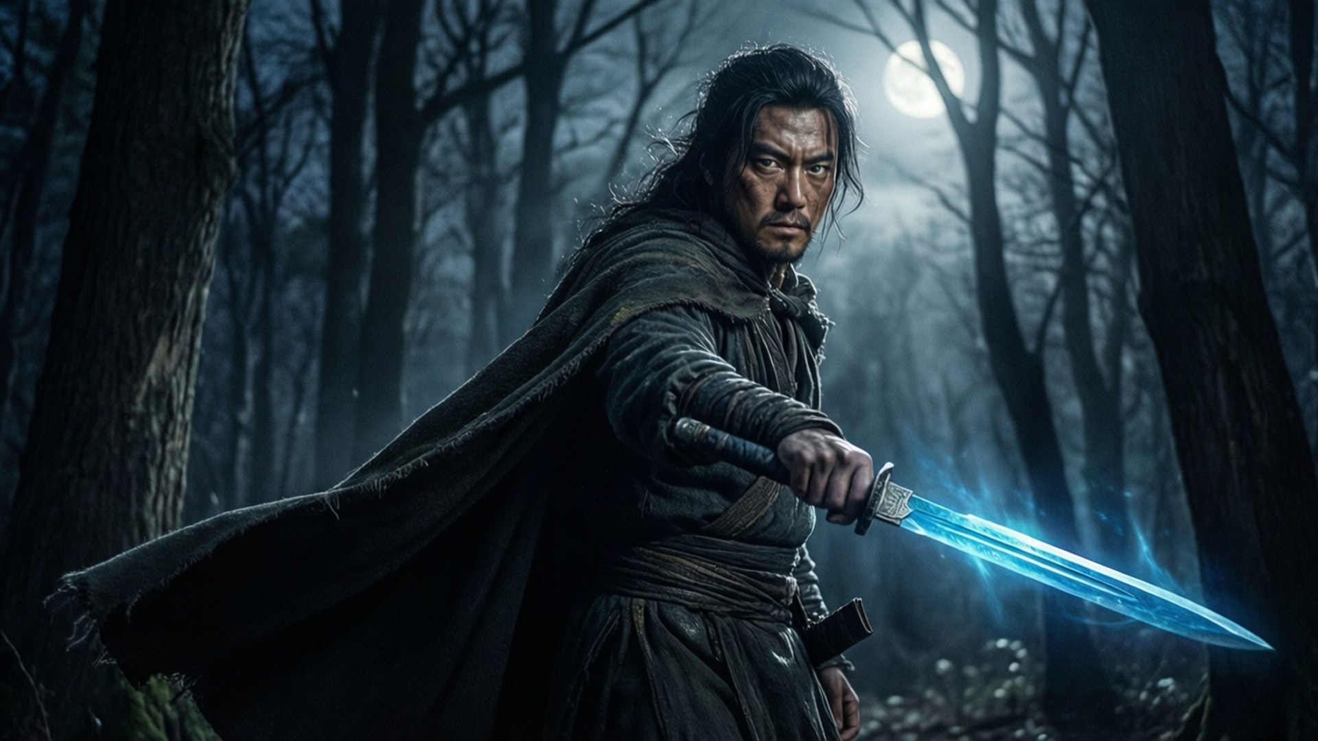 Legend Of The Northern Blade 桌布 壁紙 — 一名戰士手持發光藍劍，在月光照耀的森林中挑釁地站立，斗篷飄揚，光禿的樹木在他身後聳立。