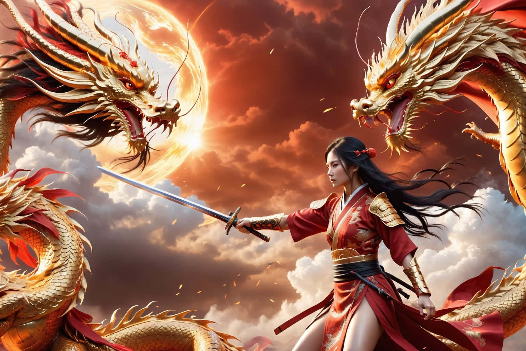  壁紙 — 一位身穿紅色盔甲的女戰士，在熾熱的日落天空背景下，挑釁地站在兩條金龍之間。