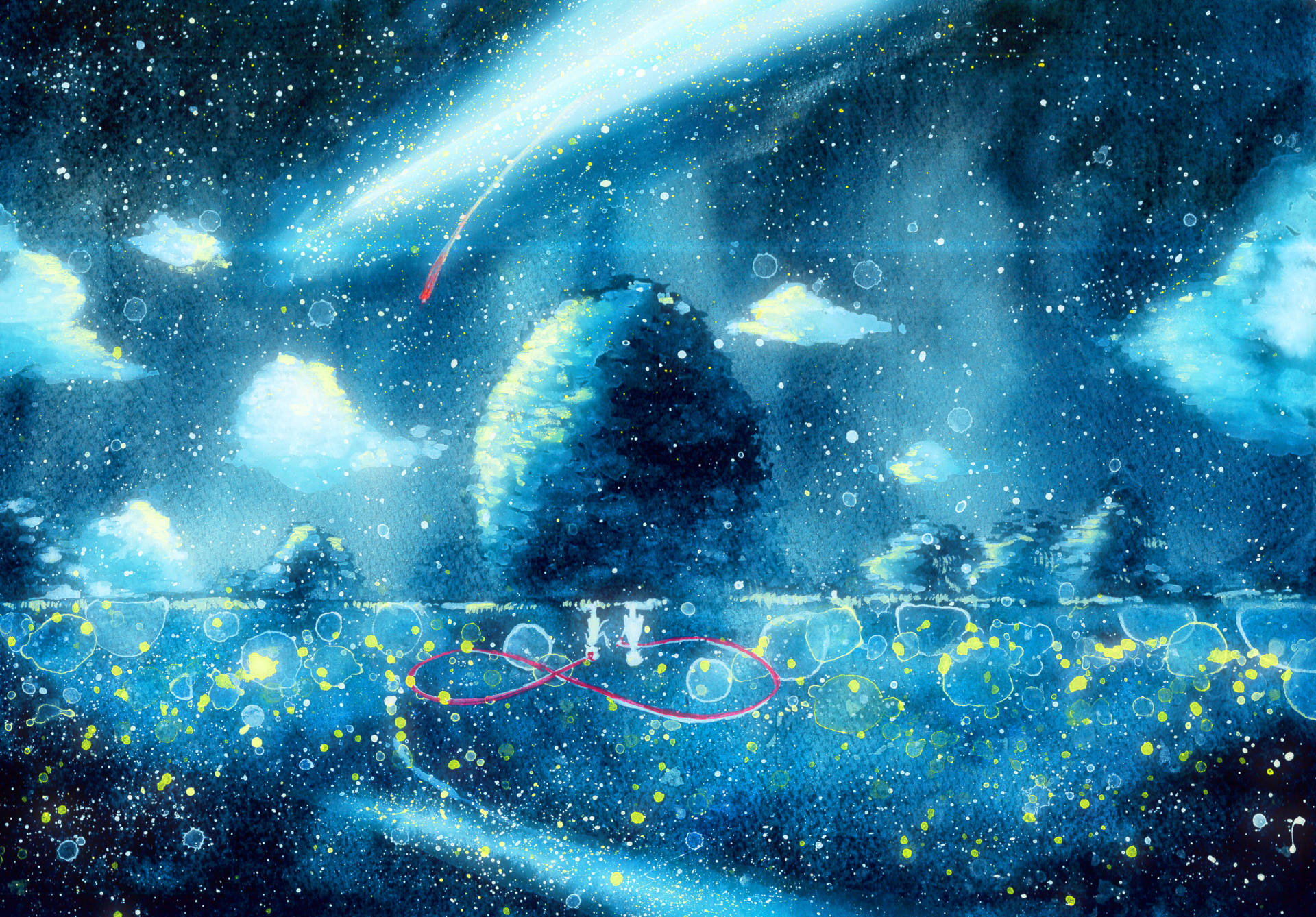 星空藍天下，漂浮的泡泡和墜落的光芒中的發光樹木。