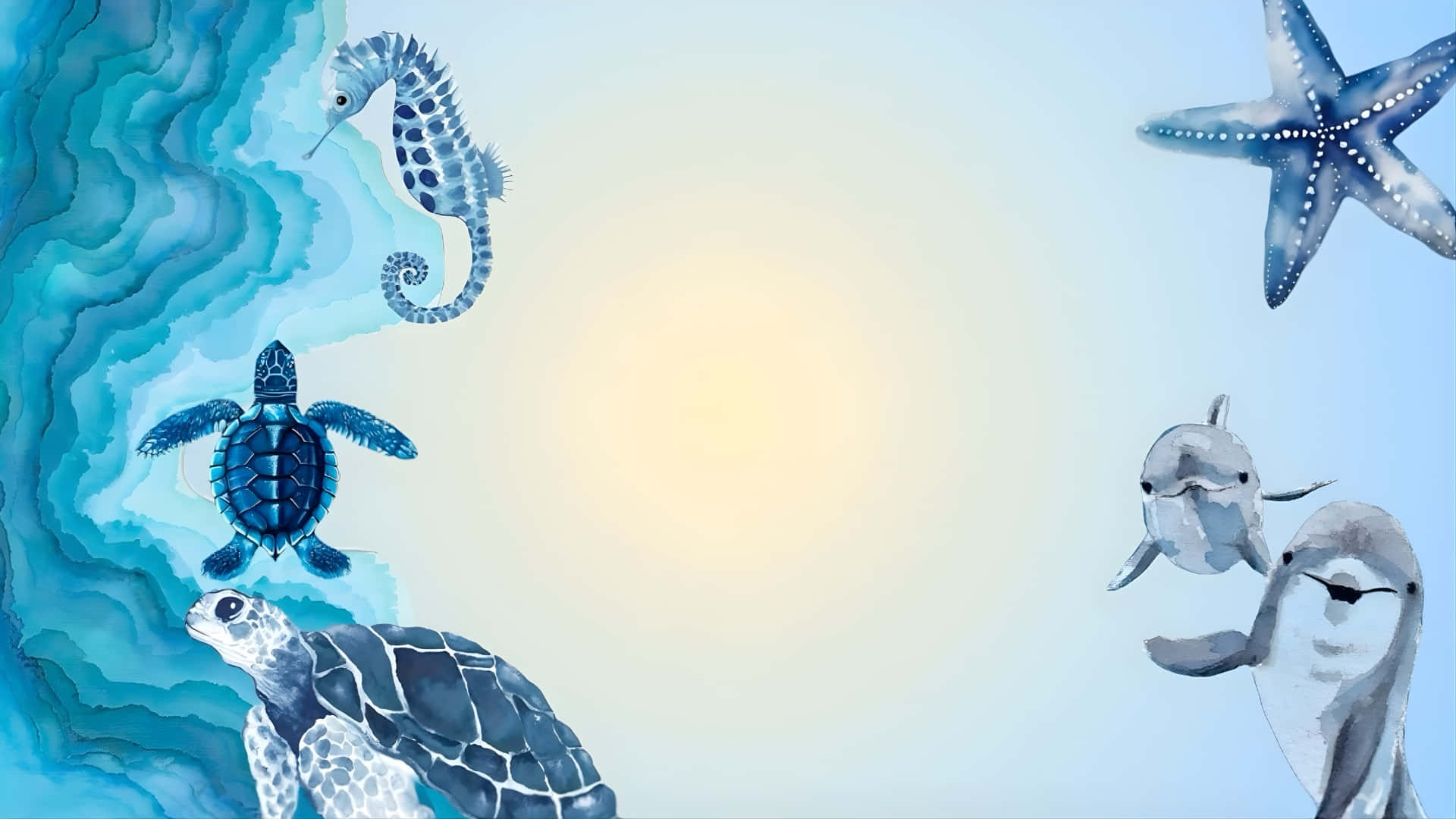  壁紙 — 一幅水彩插圖，描繪海龜、海馬和海豚在柔和藍色漸變背景下游近海星。