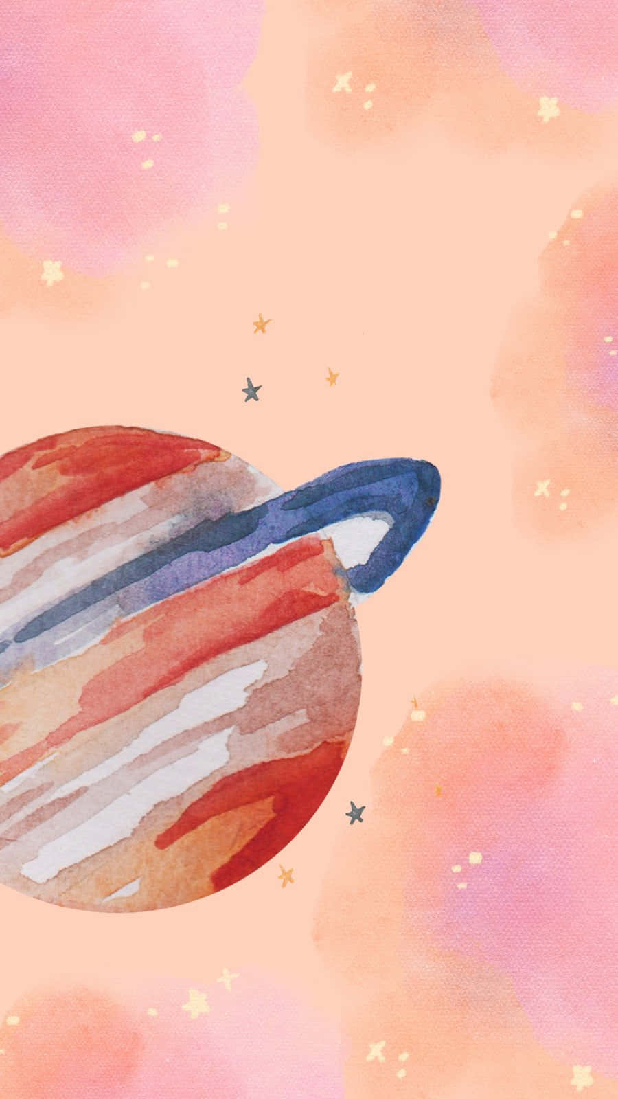  壁紙 — 一幅水彩畫，描繪了一個帶有光環的風格化行星，漂浮在柔和的粉紅蜜桃色星空之中。