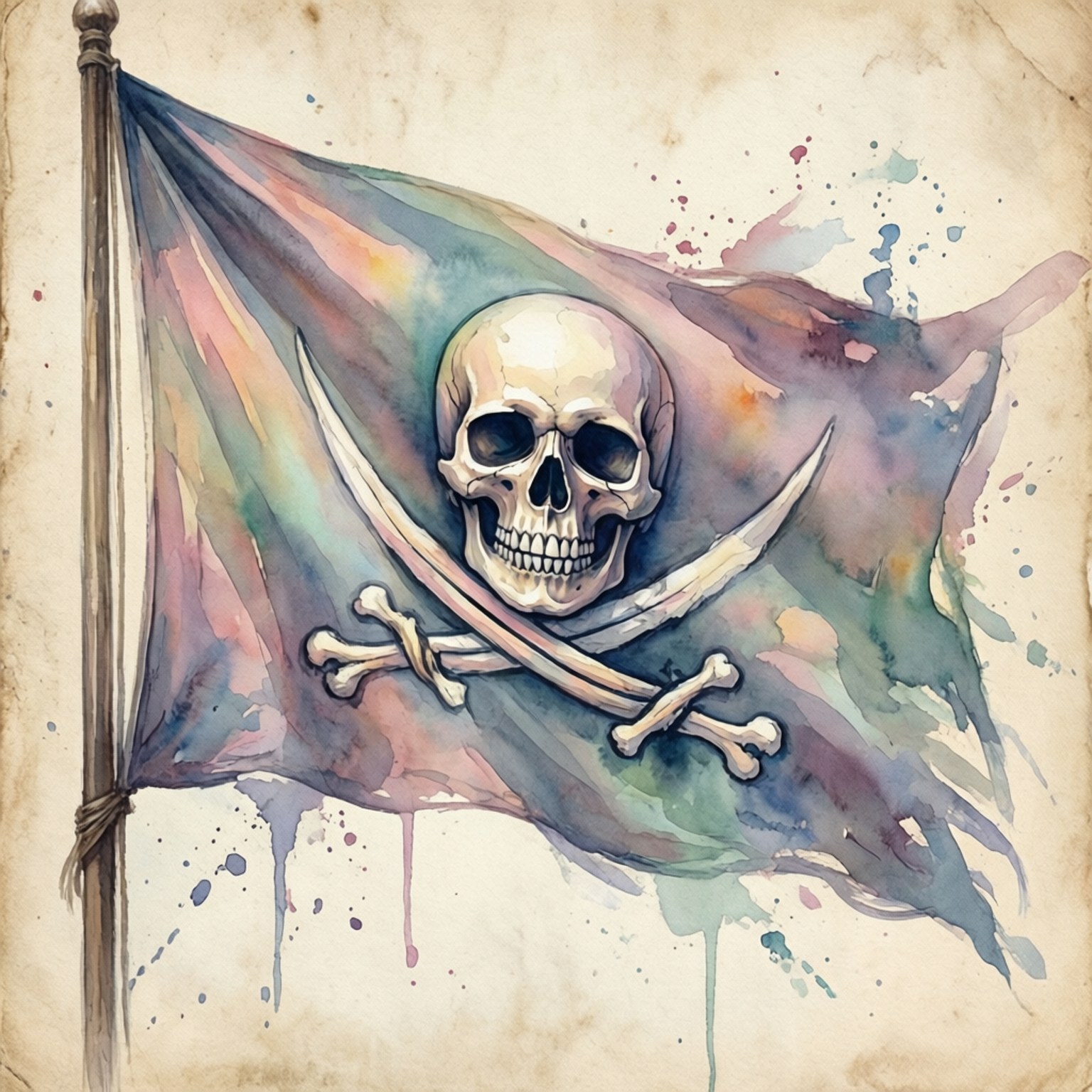 Jolly Roger 桌布 壁紙 — 一幅水彩海盜旗，上面有骷髏頭和交叉的劍，在帶有顏料飛濺的污漬羊皮紙背景上飄揚。