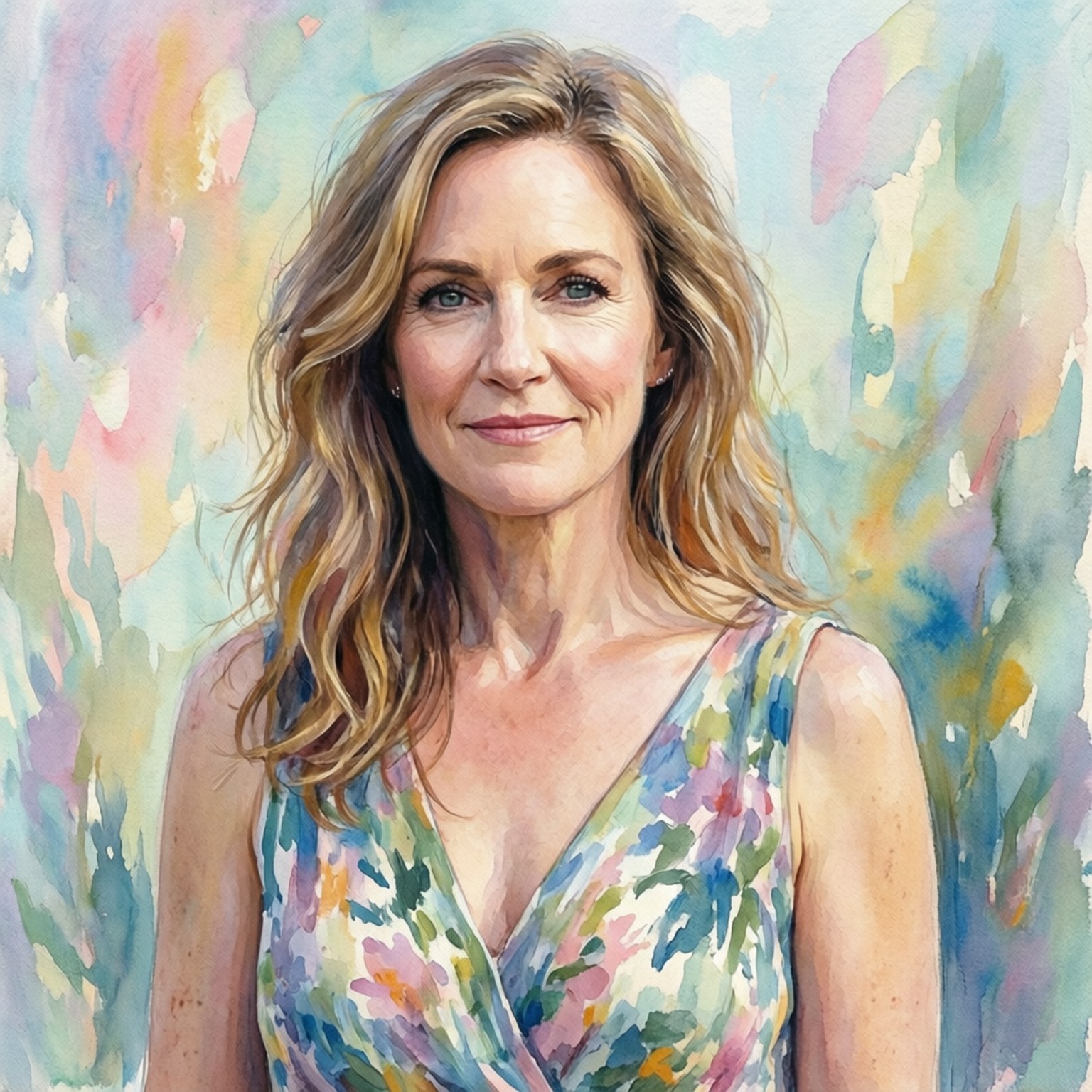 Melissa Roxburgh 桌布 壁紙 — 一幅水彩畫肖像，描繪一位擁有波浪金髮、身穿花卉連衣裙的女性，背景為柔和粉彩。
