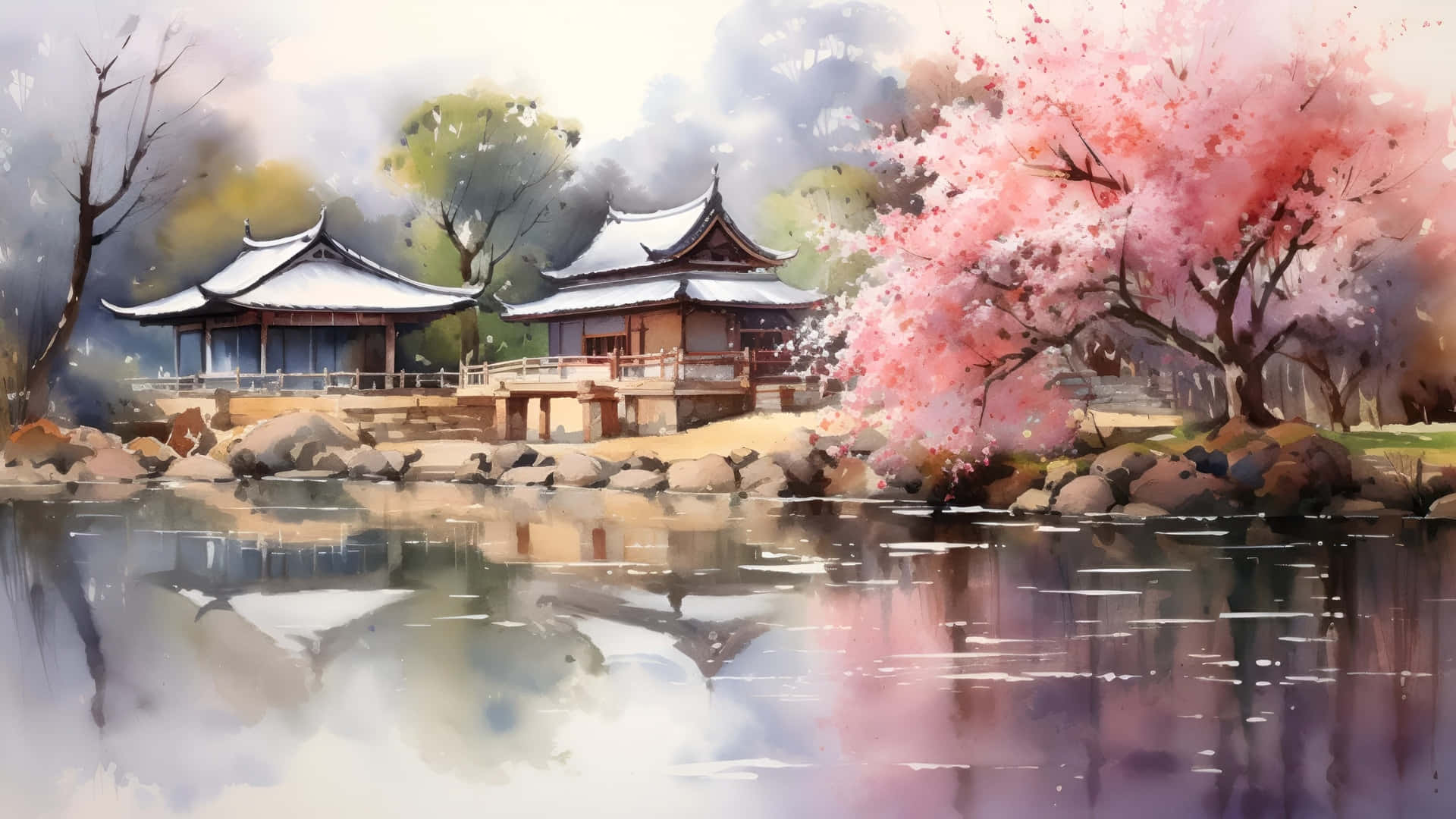  壁紙 — 一幅水彩畫場景，描繪傳統日本亭閣倒映在平靜的水面上，旁邊是盛開的粉紅櫻花樹。