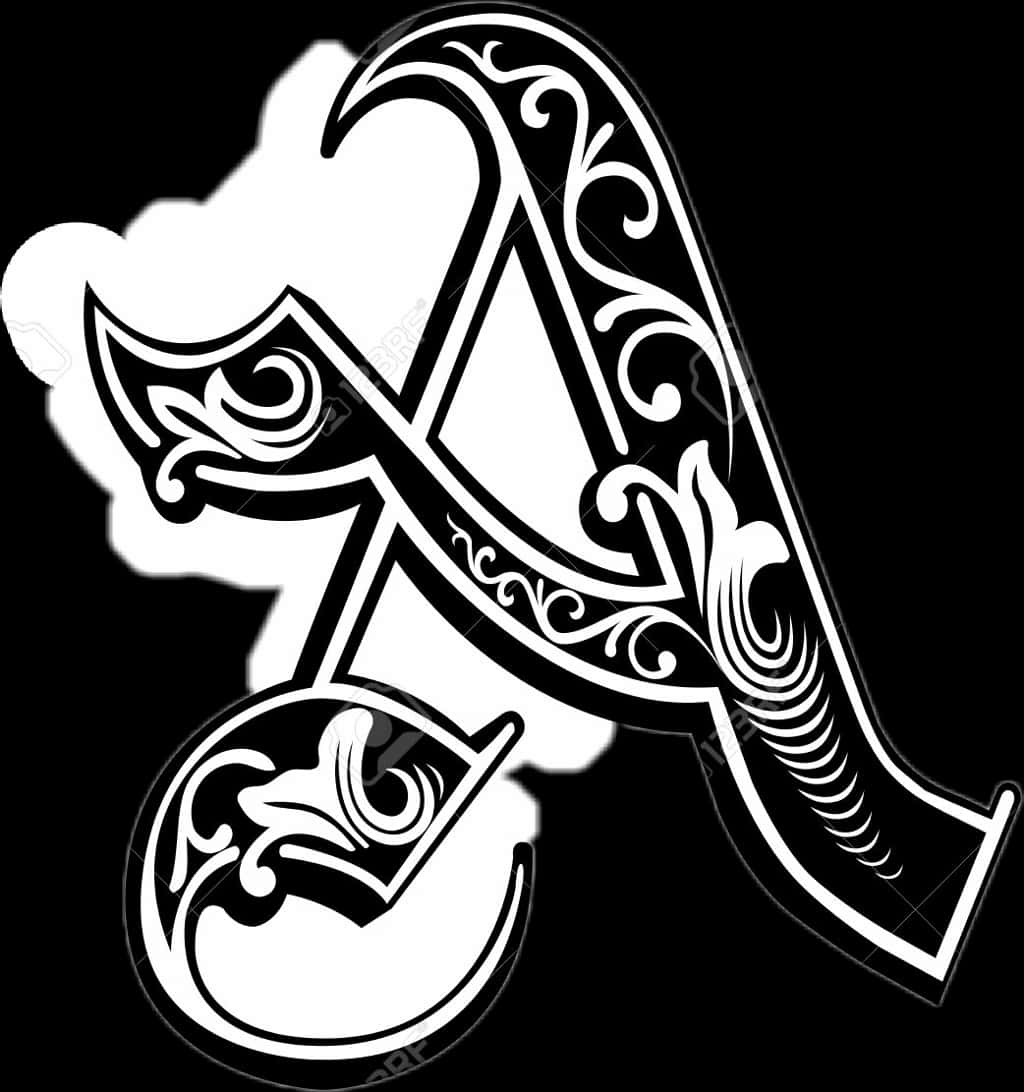 部落風格字母 A 紋身設計 壁紙 — 一個大膽華麗的白色字母A，帶有漩渦狀的鏤空細節，在純黑背景上格外突出。