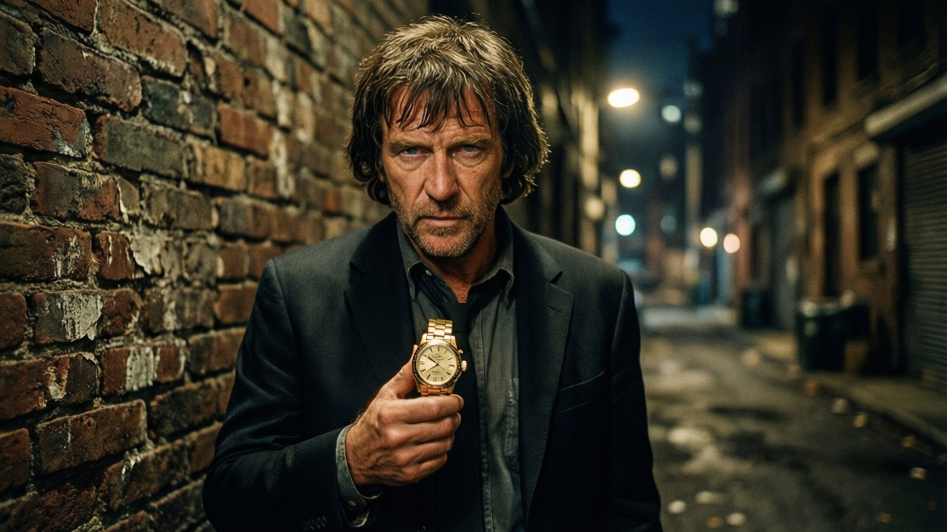 The Gold Watch 壁紙 — 一個飽經風霜的男人穿著深色西裝，在夜晚昏暗的小巷裡，靠著磚牆拿著金錶。