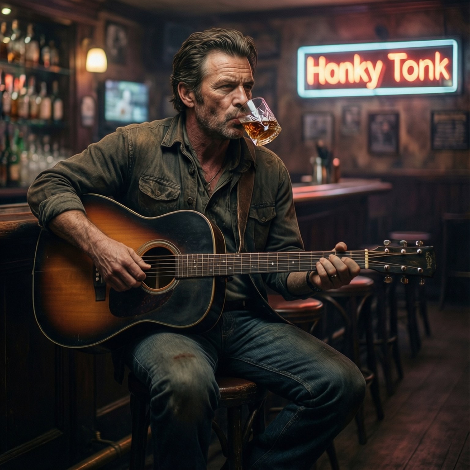 Honky Tonk Bar Scene 壁紙 — 一個飽經風霜的男人在昏暗的酒吧裏，在發光的 'Honky Tonk' 標誌下，一邊喝威士忌一邊彈奏木結他。