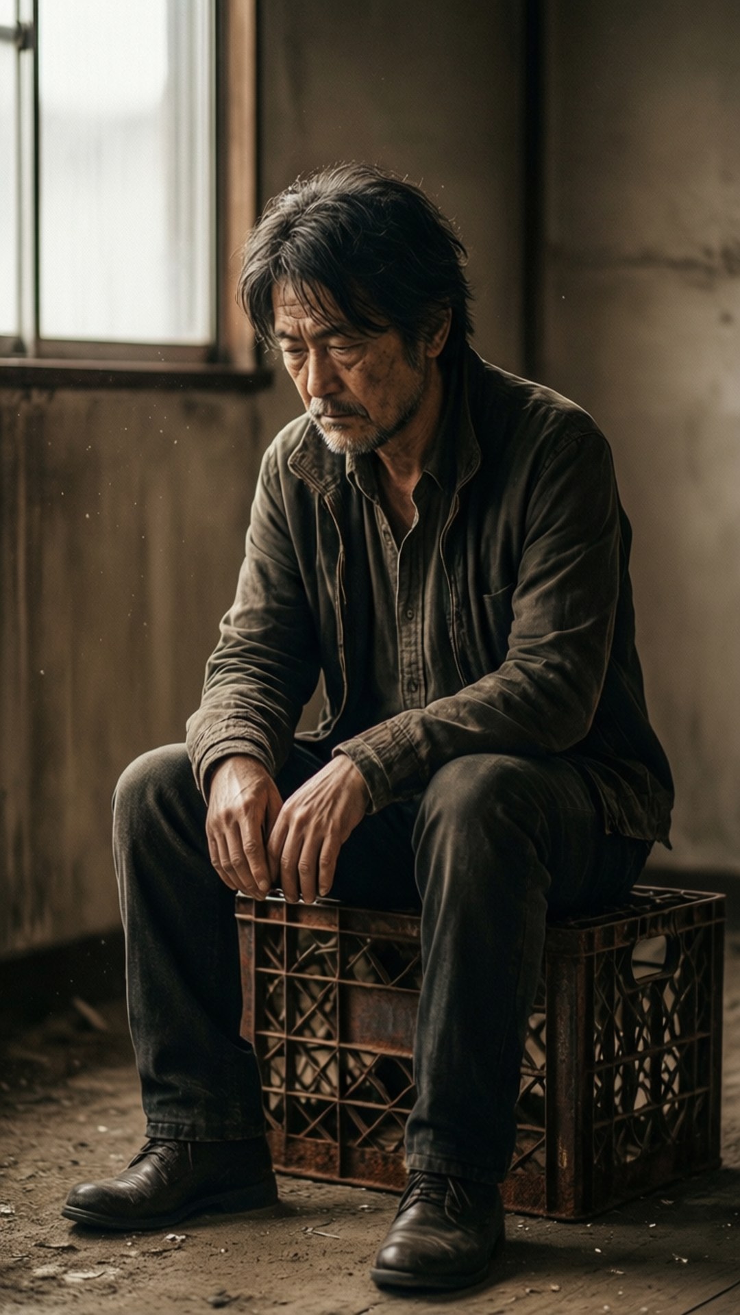 一個年長的男人獨自坐在一個有窗戶的灰塵房間裡的生鏽木箱上。