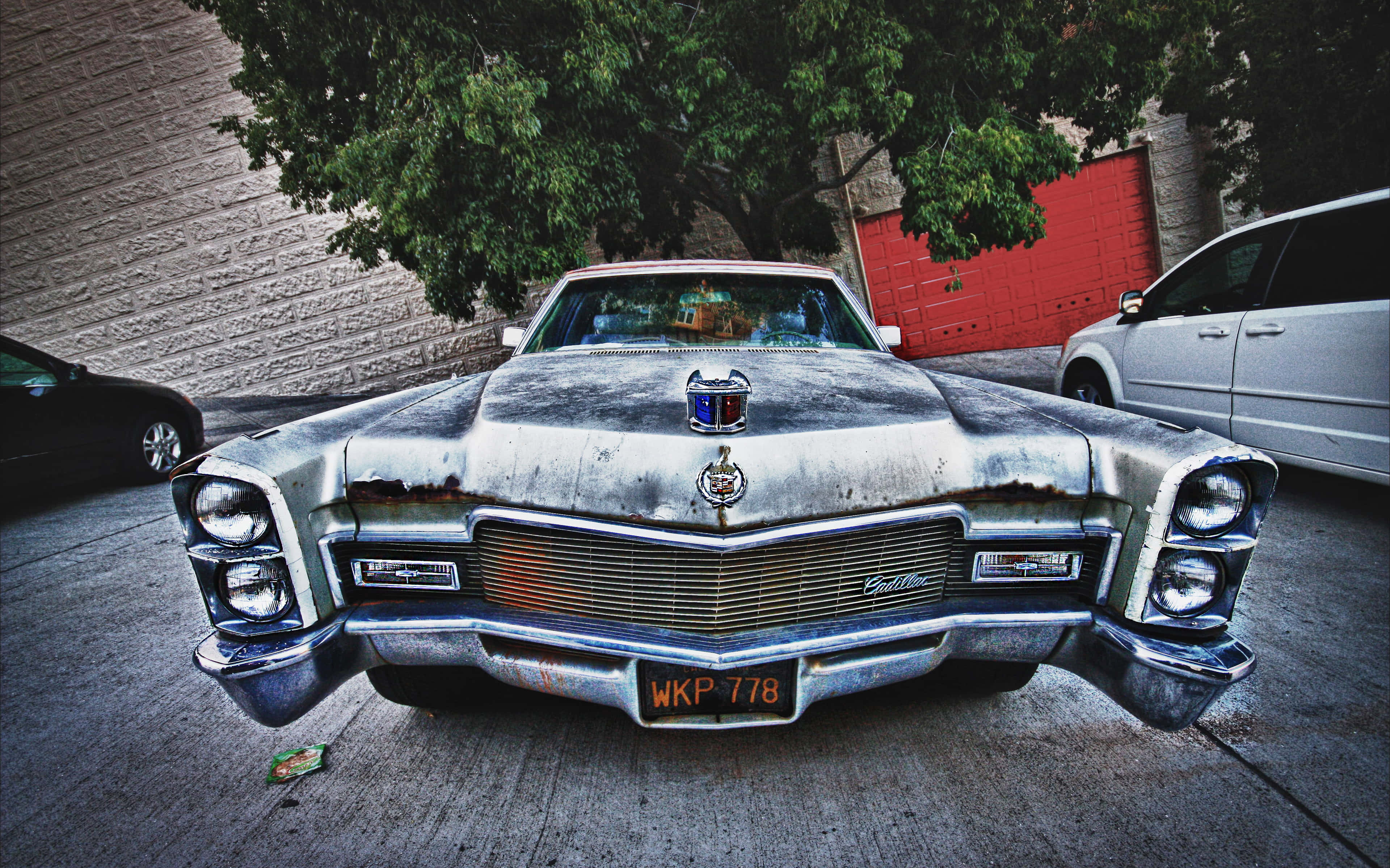 Cadillac Deville 桌布 壁紙 — 一架風化嘅銀色經典凱迪拉克，帶有鉻合金細節同生鏽斑點，泊喺樹下嘅混凝土街道上。