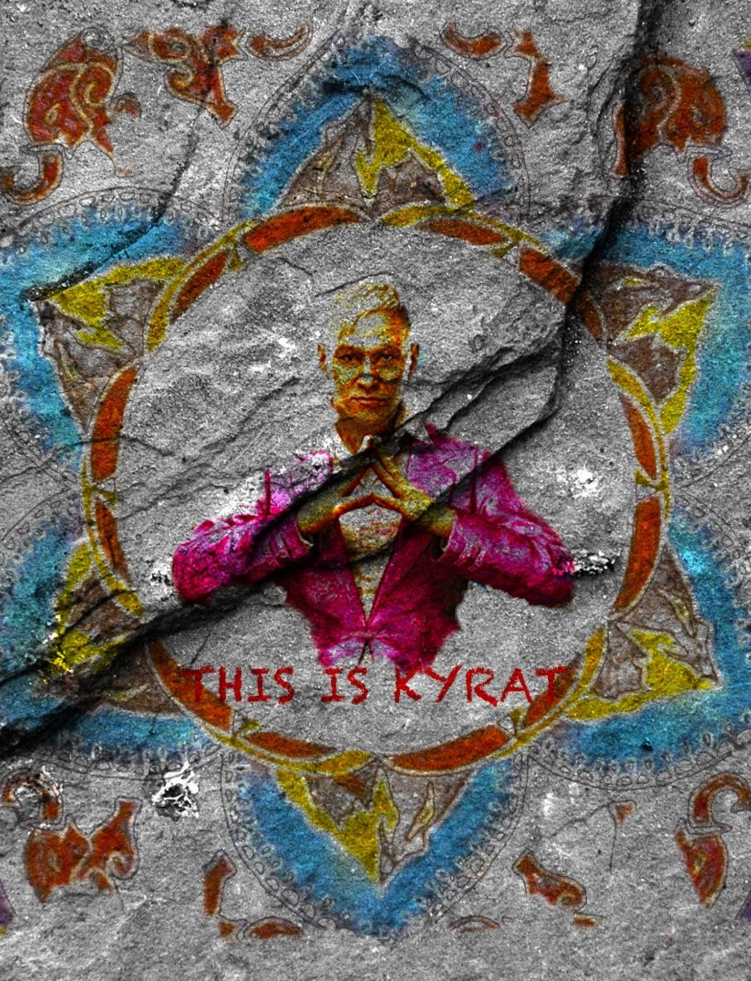一塊破裂的石板上有一個穿著粉紅色西裝的男人和「THIS IS KYRAT」字樣，周圍是色彩繽紛的圖案。