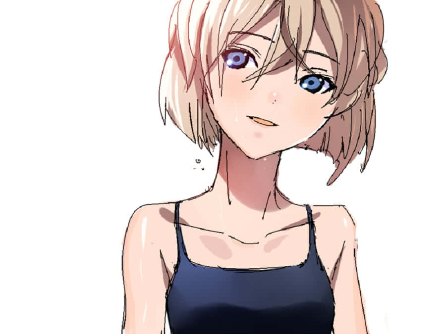 Haibara AI 桌布 壁紙 — 一個濕透的動漫女孩，短金髮藍眼睛，穿著深色背心，背景是純白色。