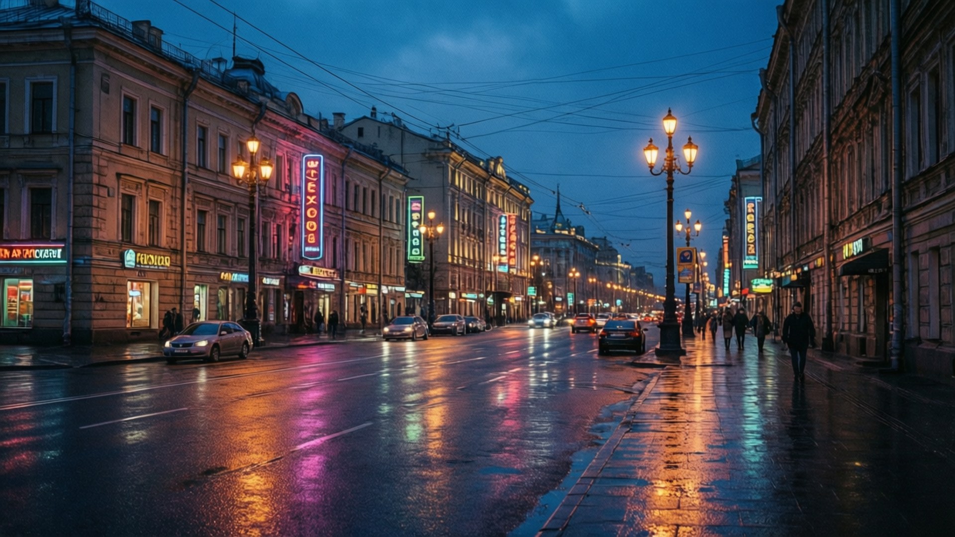 Saint Petersburg 桌布 壁紙 — 黃昏時分，一條濕漉漉的城市街道反射著歷史建築的霓虹燈和街燈，有行人和汽車。