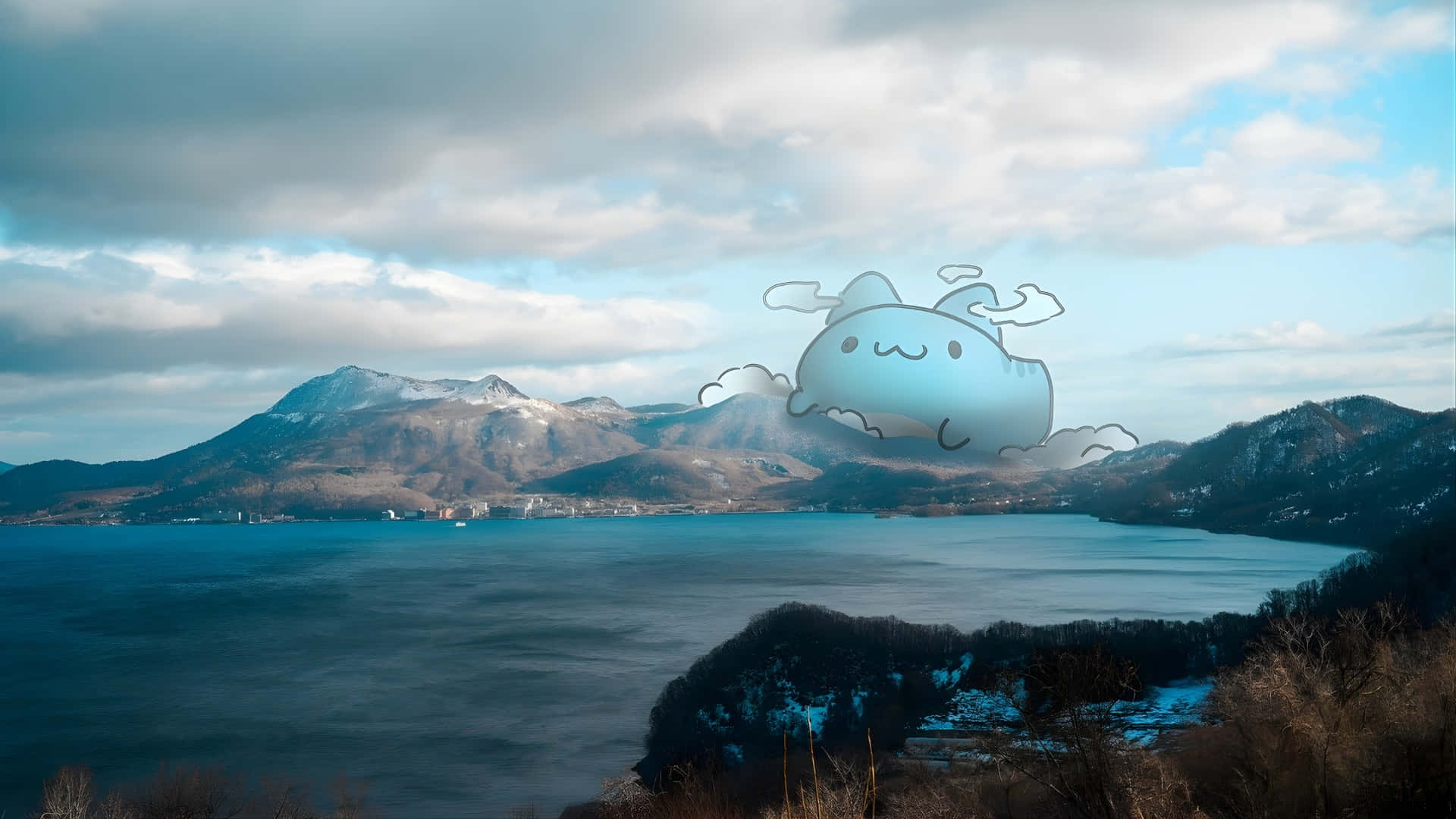  壁紙 — 一隻奇特的卡通鯨魚漂浮在寧靜的山湖上空，天空多雲，山頂積雪。