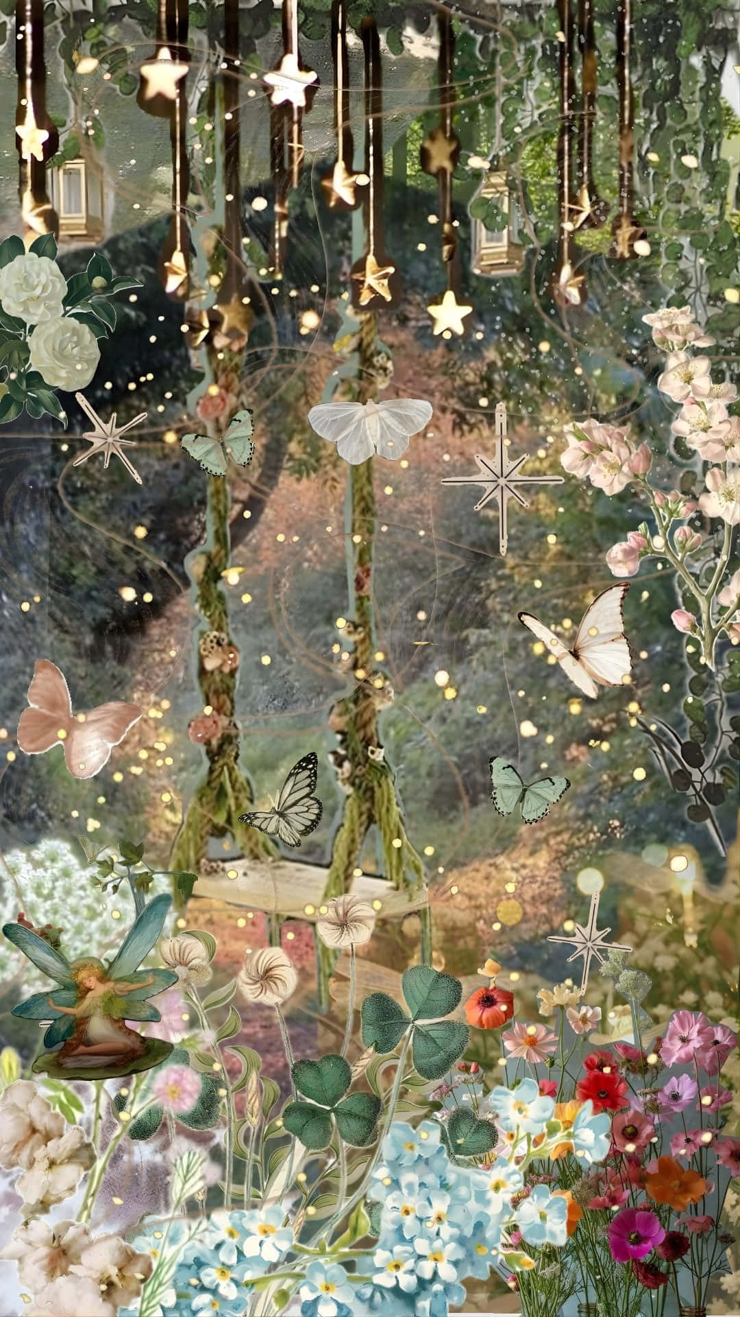  壁紙 — 一個奇特的魔法花園，有長滿苔蘚的鞦韆、發光的星星燈籠、翩翩起舞的蝴蝶，以及在盛開的花朵和三葉草中的仙女。