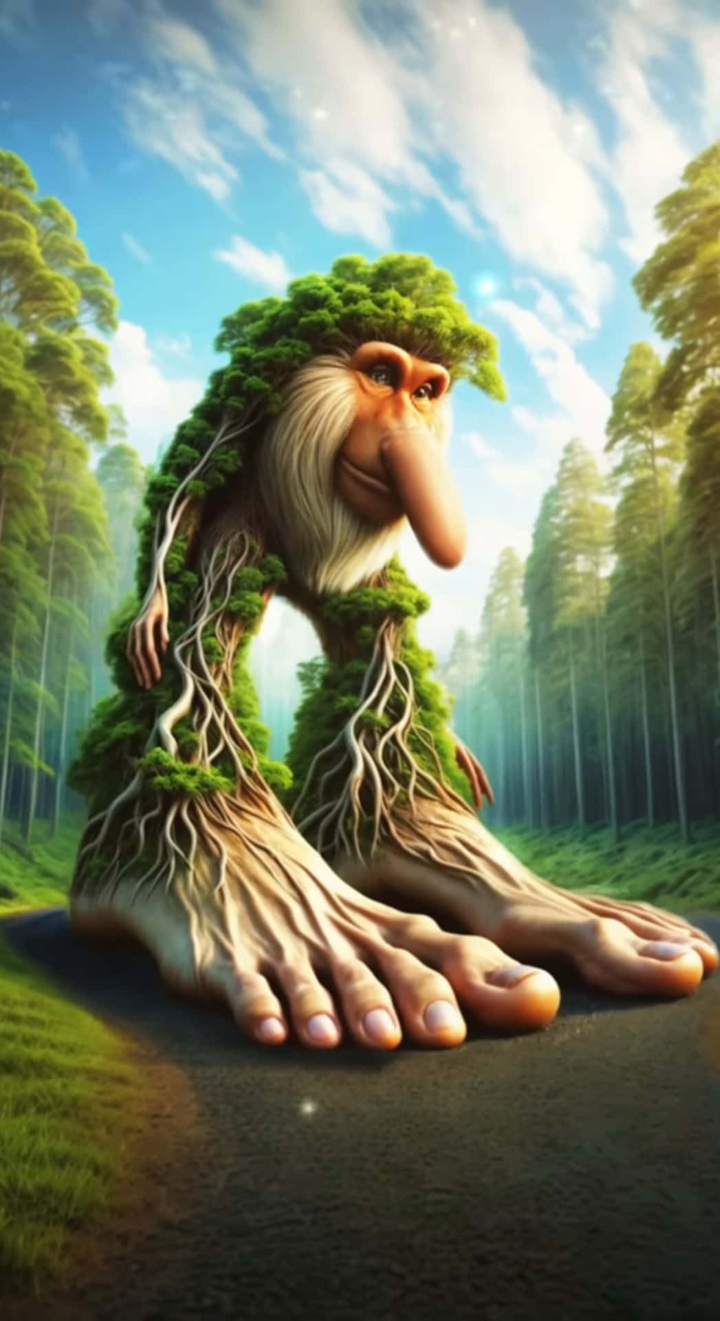  壁紙 — 一個異想天開的森林精靈，長著苔蘚般的頭髮和樹根四肢，站在陽光明媚的松樹林中。