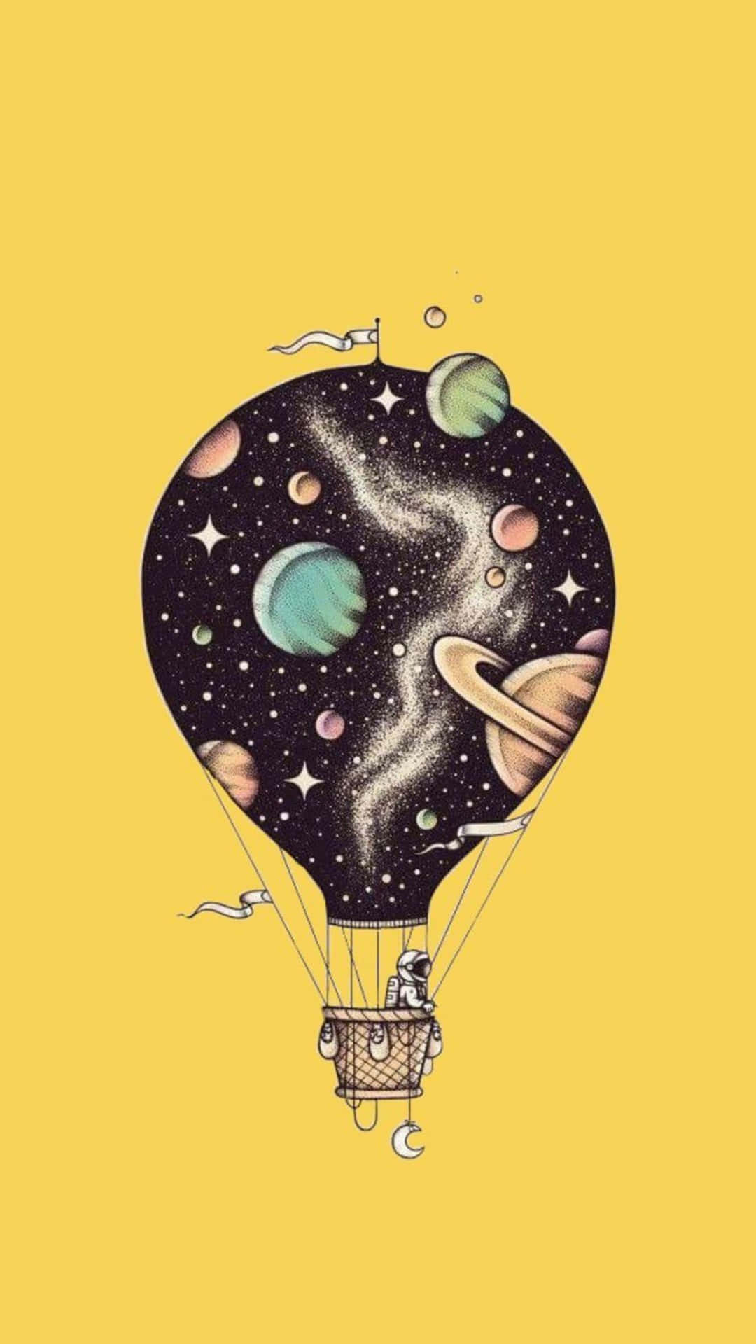  壁紙 — 一個充滿星星、行星和帶環行星的夢幻熱氣球，漂浮在純黃色背景上。