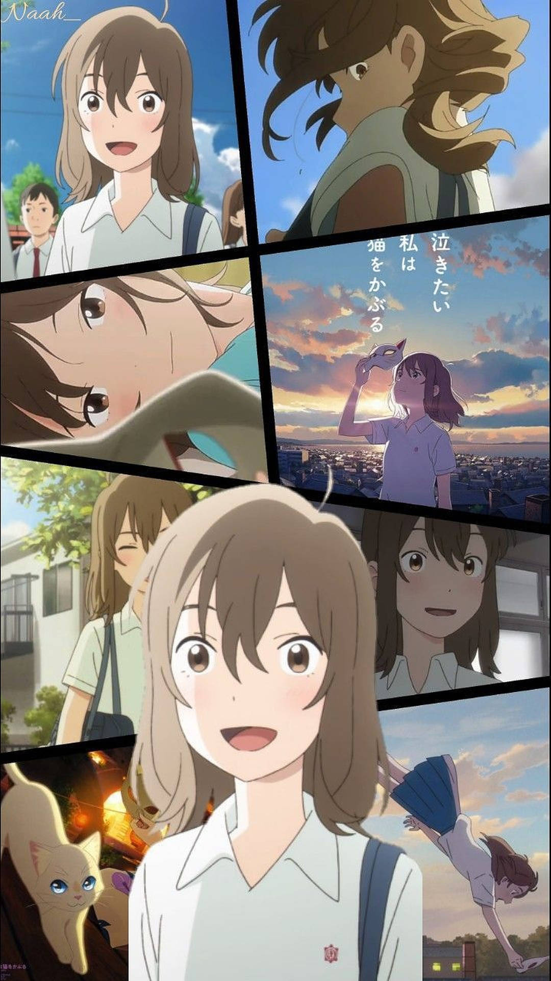 穿著校服的動漫女孩在各種戶外場景中微笑，伴隨著貓咪和城市景觀。