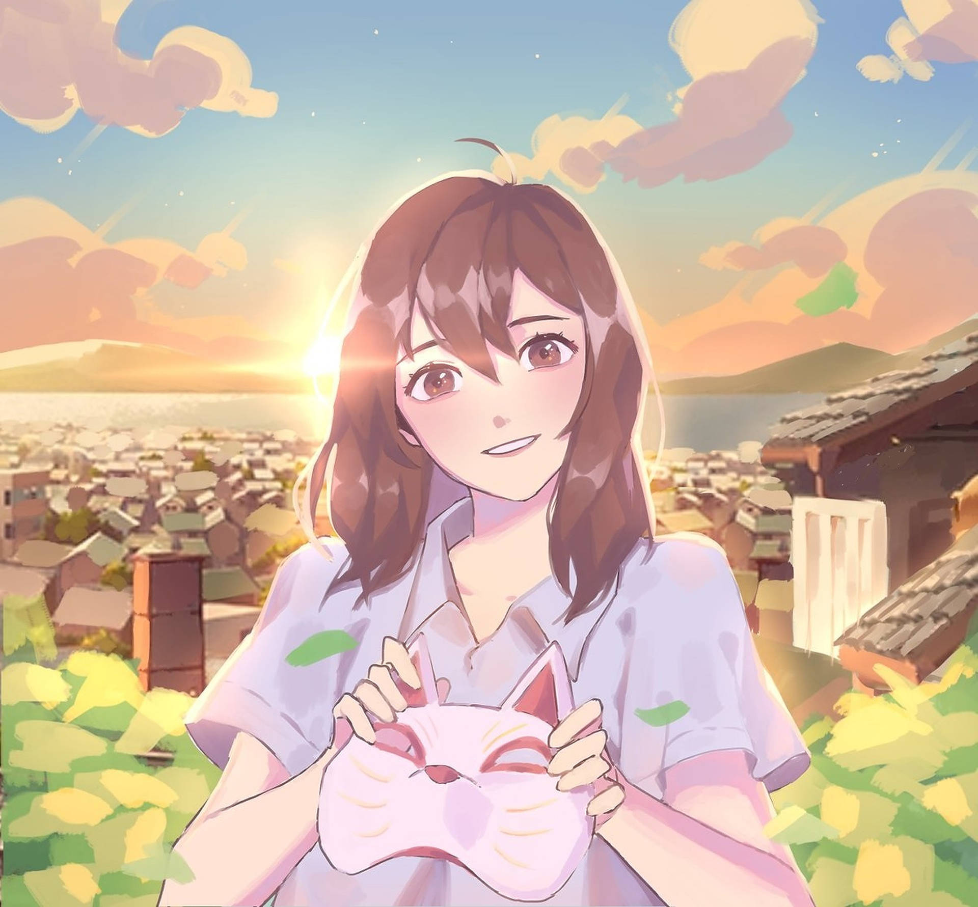 動漫女孩在村莊上方的日落中拿著一個粉紅色的狐狸面具。