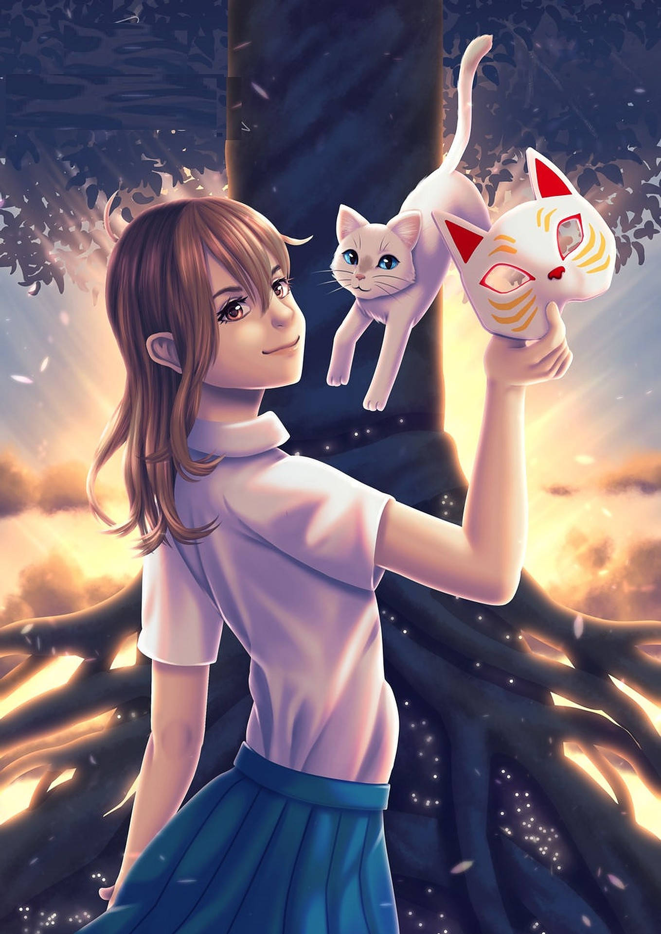 《A Whisker Away》數位插畫 壁紙 — 一個穿著校服的年輕女孩拿著一個白色的貓面具，而一隻發光的貓在日落時分漂浮在她旁邊的樹下。