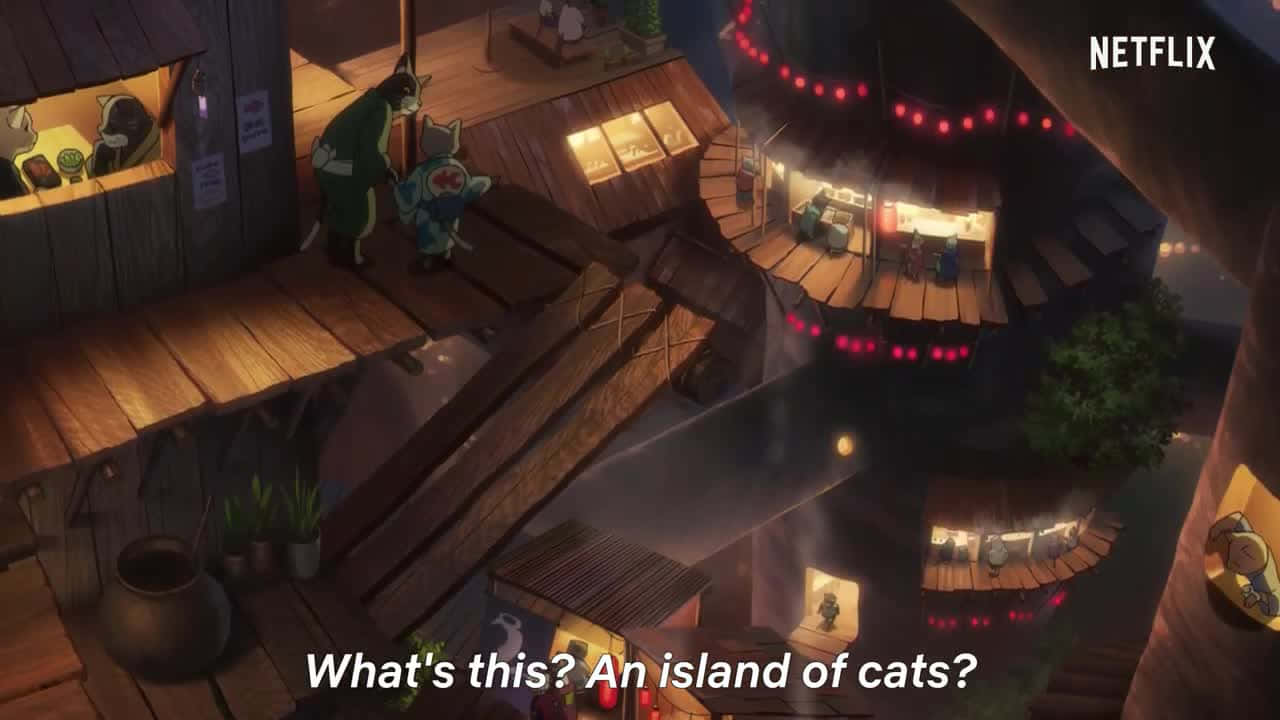 《A Whisker Away》：探索超越日常的冒險 壁紙 — 一個舒適的動畫貓村莊，夜晚有溫暖發光的窗戶和木製步道。