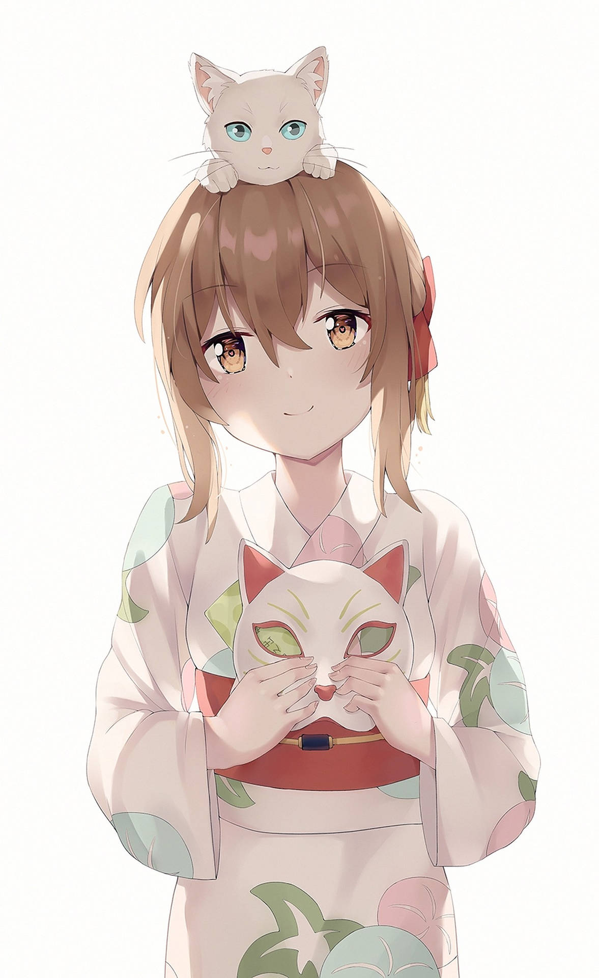 動漫女孩穿和服手持狐狸面具，頭上有貓