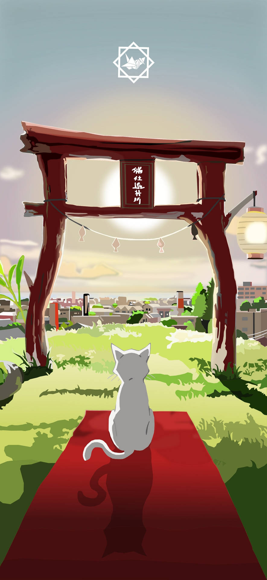 白貓坐在鳥居下的紅地毯上，面向黎明時分的城市。