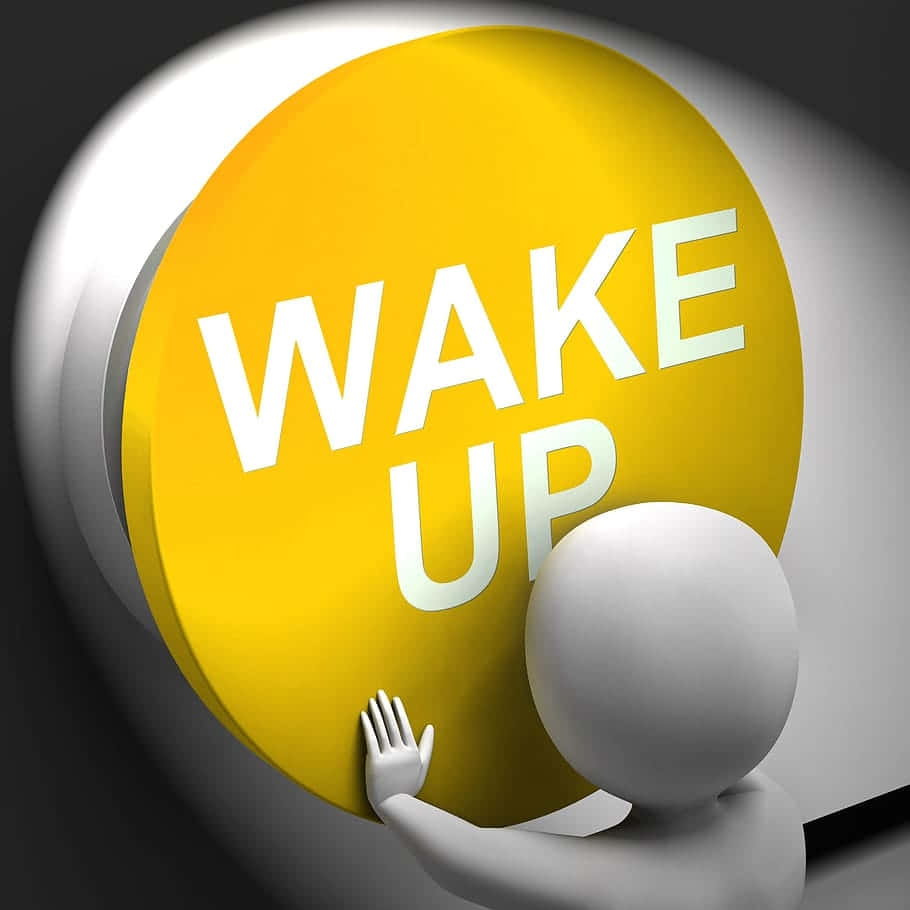  壁紙 — 一個白色3D人物在聚光燈下按下一個標有wake up的發光黃色大按鈕。