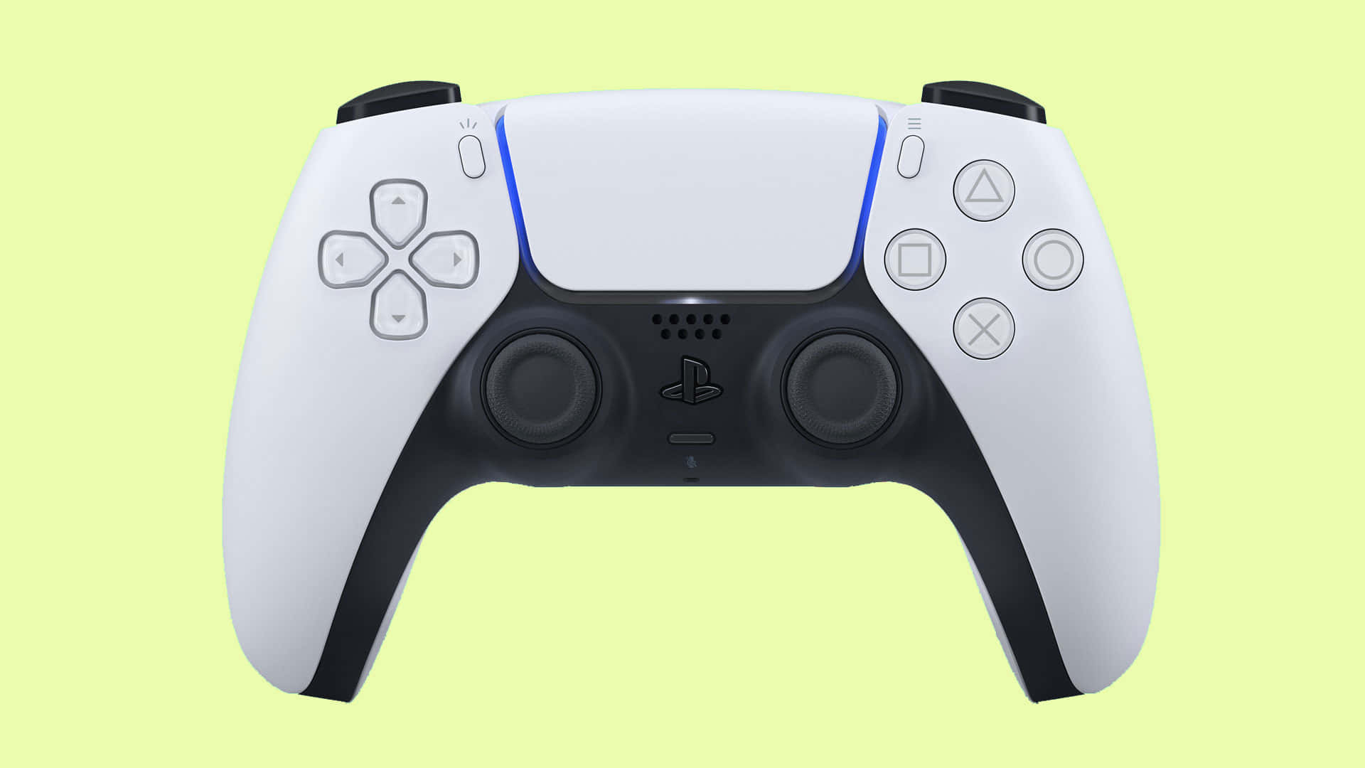  壁紙 — 一個白色和黑色的PlayStation 5 DualSense控制器，居中放置在淡黃色背景上。