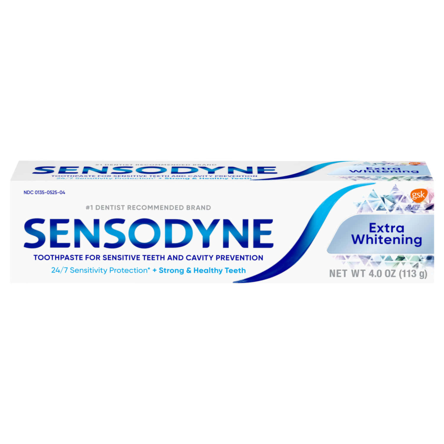  壁紙 — 白色和藍色的 Sensodyne 牙膏盒，帶有額外美白品牌和鑽石圖案。