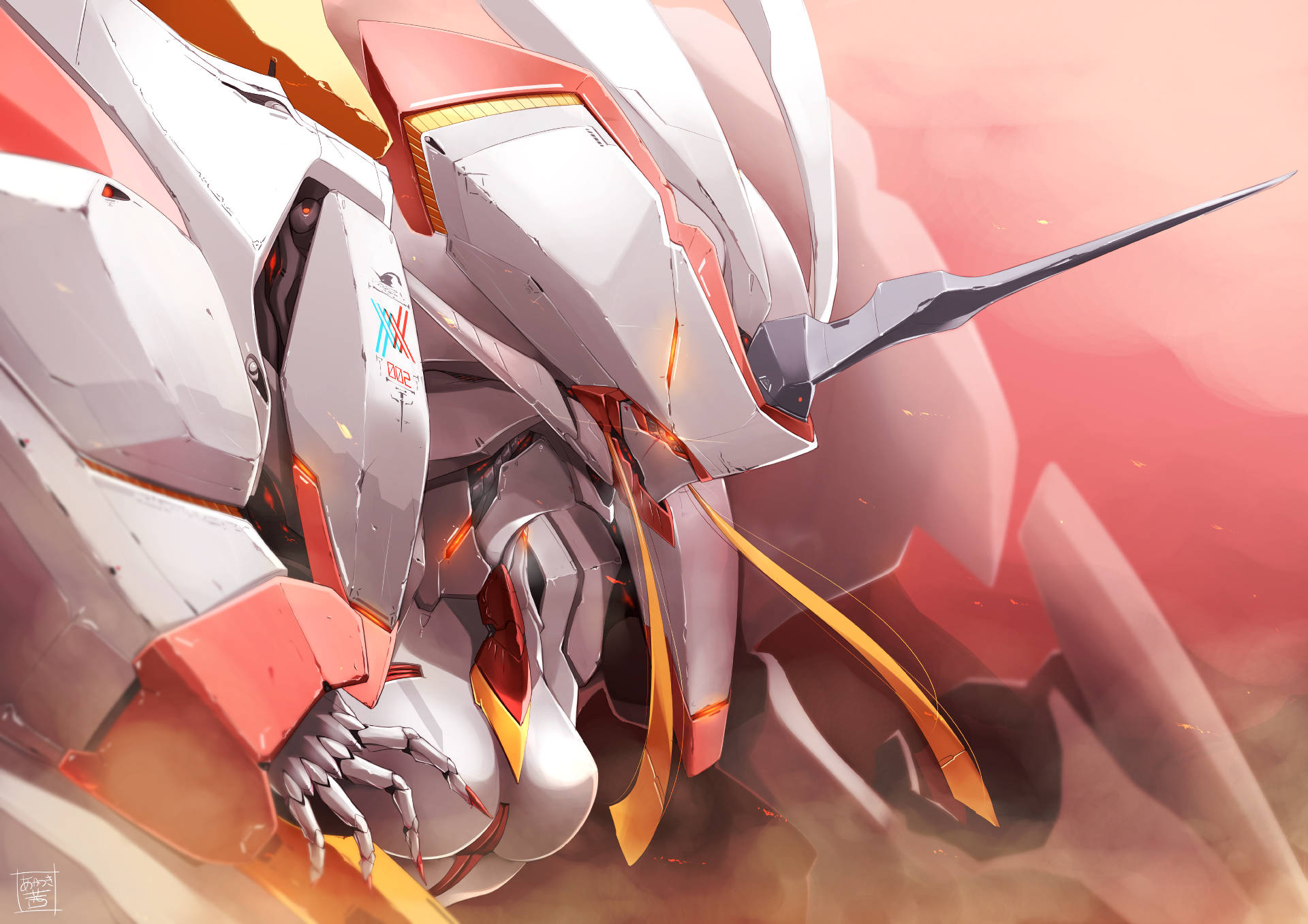 《Darling In The Franxx》中的Strelizia翱翔天際 壁紙 — 一架白色和橙色的機甲，帶有發光的點綴和鋒利的肢體，動態地站在火紅和橙色的背景前。