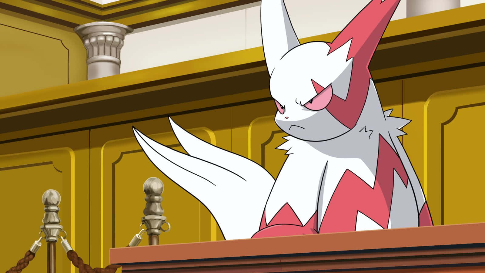 Zangoose 的邪惡雙眼 壁紙 — 一隻白色和紅色的動漫狐狸寶可夢，表情嚴肅，坐在金色法庭的木製講台上。