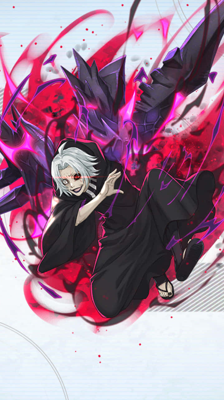 白髮紅眼的動漫角色釋放出惡魔能量攻擊。