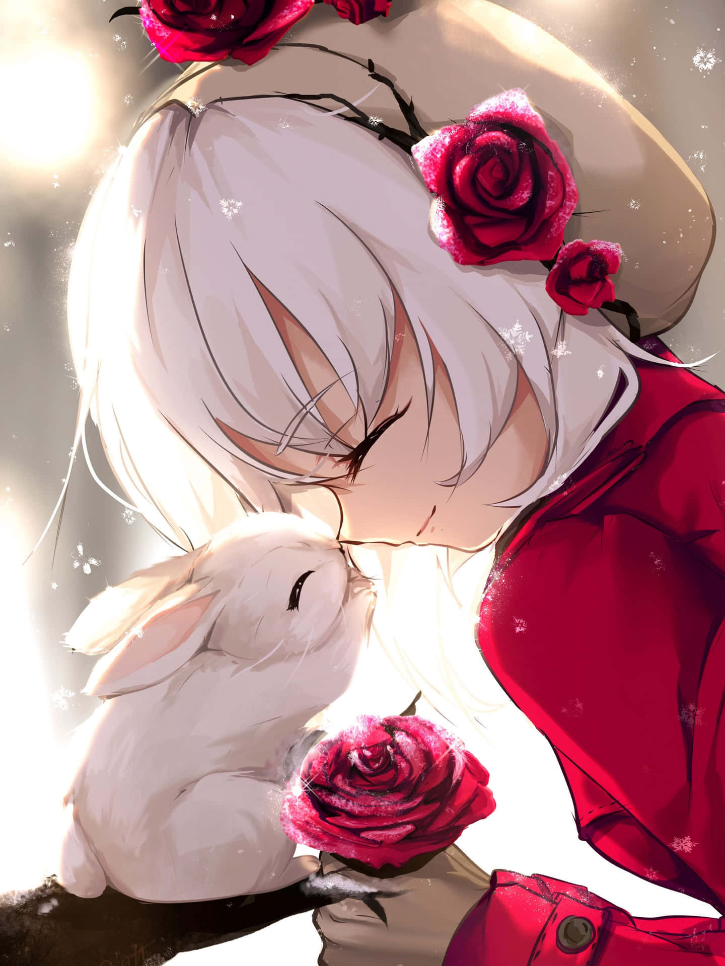  壁紙 — 一位白髮的動漫女孩身穿紅色衣服，溫柔地親吻一隻拿著紅玫瑰的白兔，雪花在他們周圍飄落。