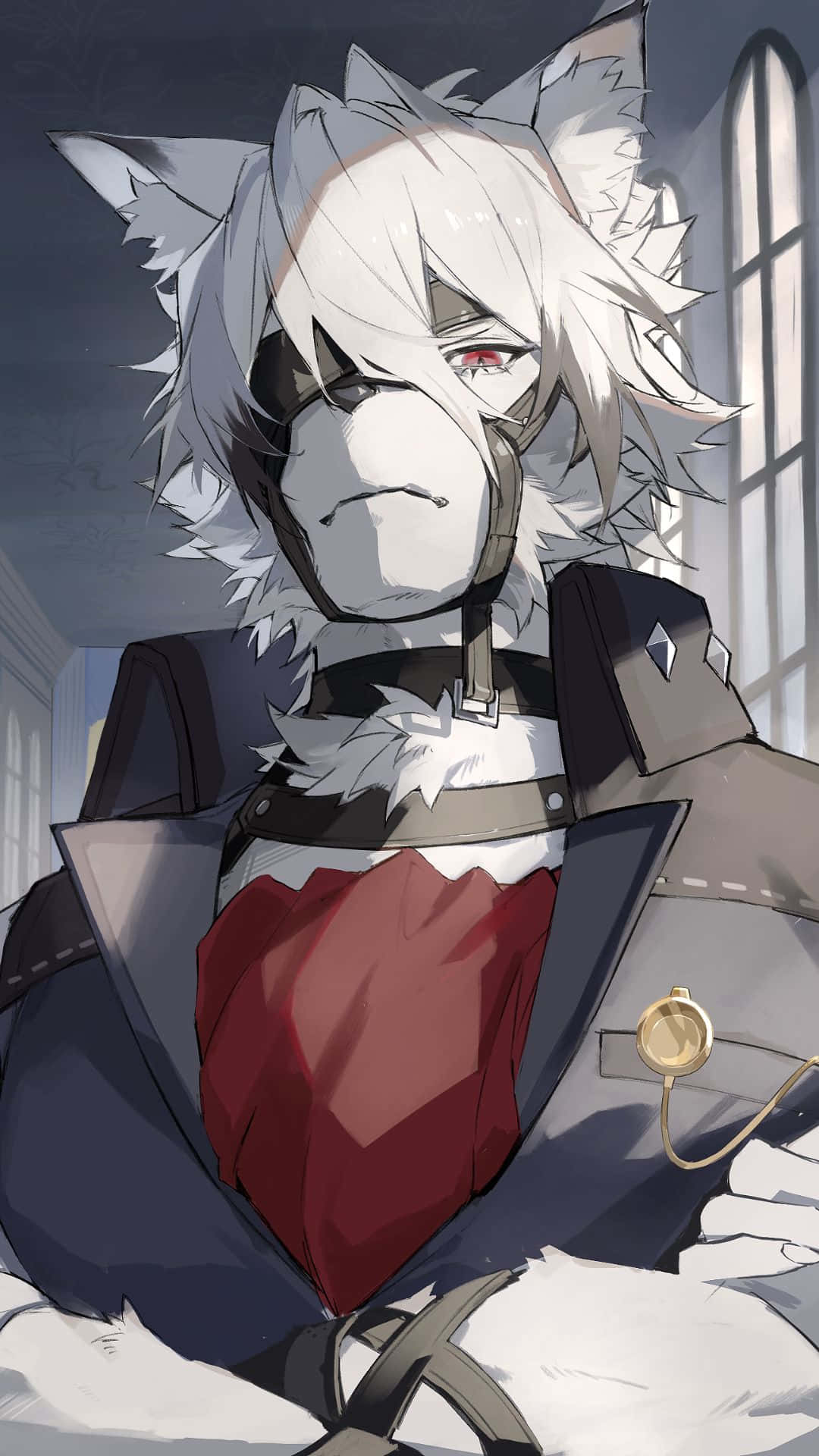  壁紙 — 一隻白髮紅眼、戴著面具的擬人化狼坐在一個光線昏暗、有高窗的房間裏。