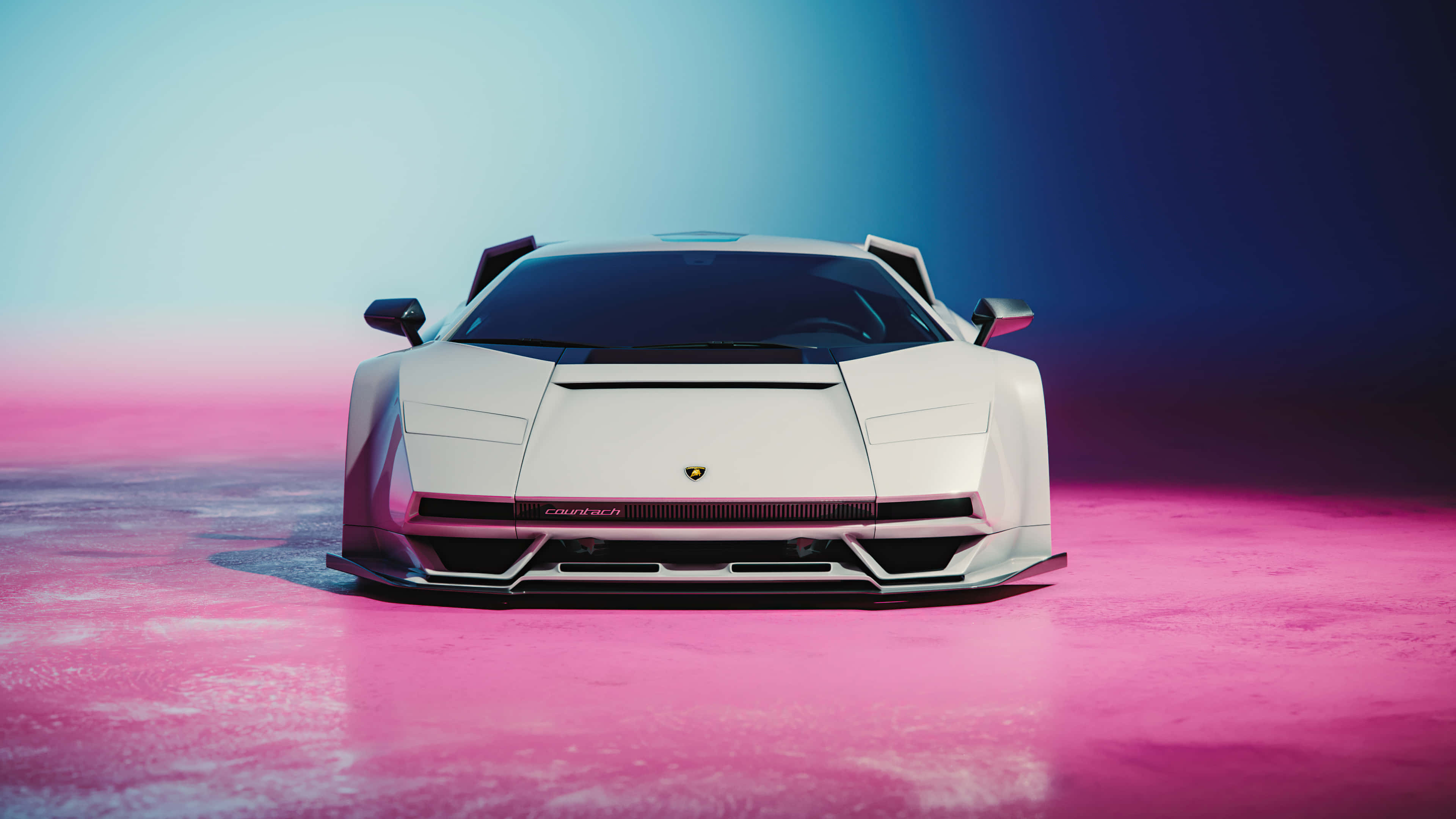 Lamborghini Countach 桌布 壁紙 — 一輛白色林寶堅尼Countach跑車在漸變藍天下，面向發光的粉紅色表面。