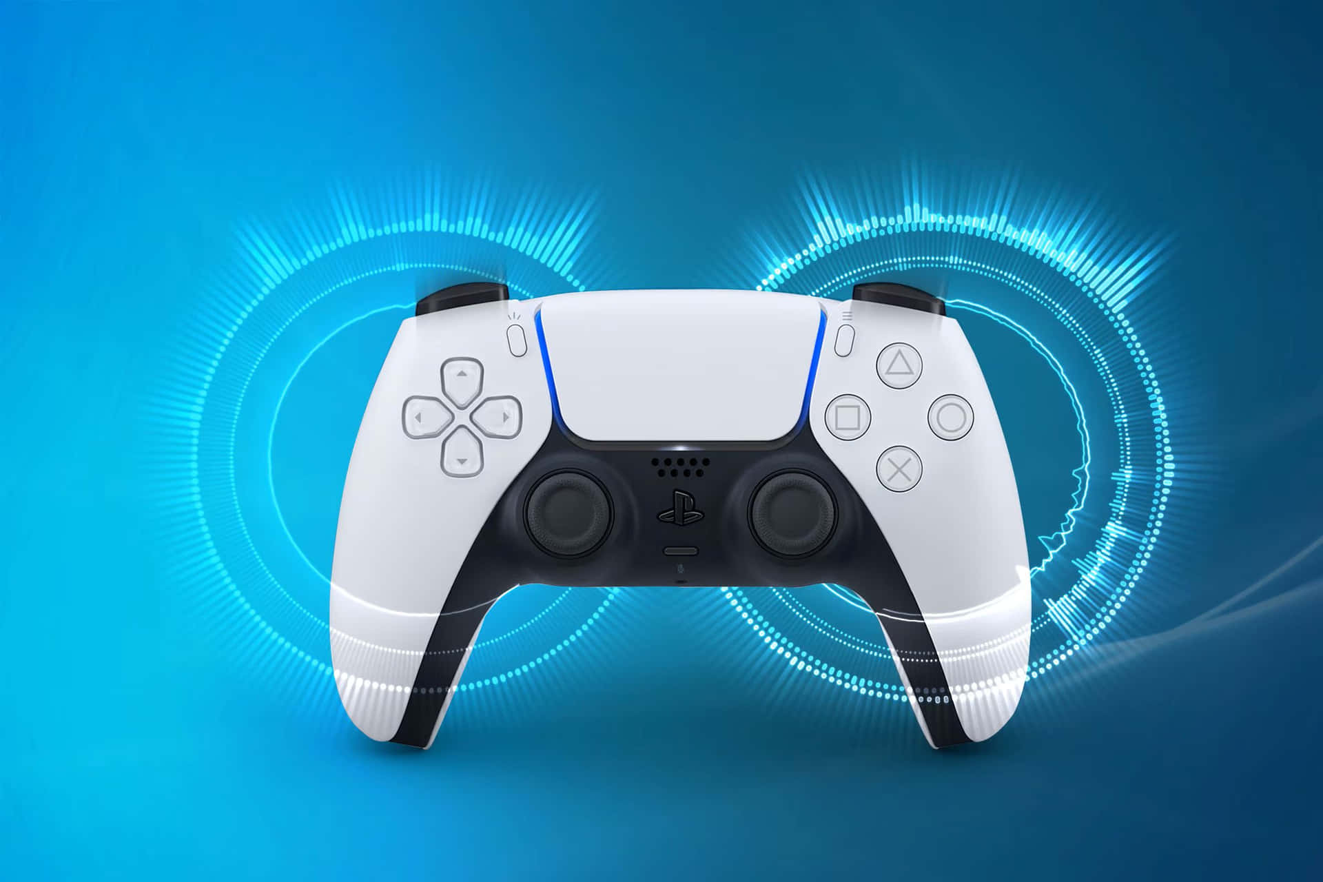  壁紙 — 白色PlayStation 5控制器在充滿活力的藍色背景上發光，帶有數位光效。