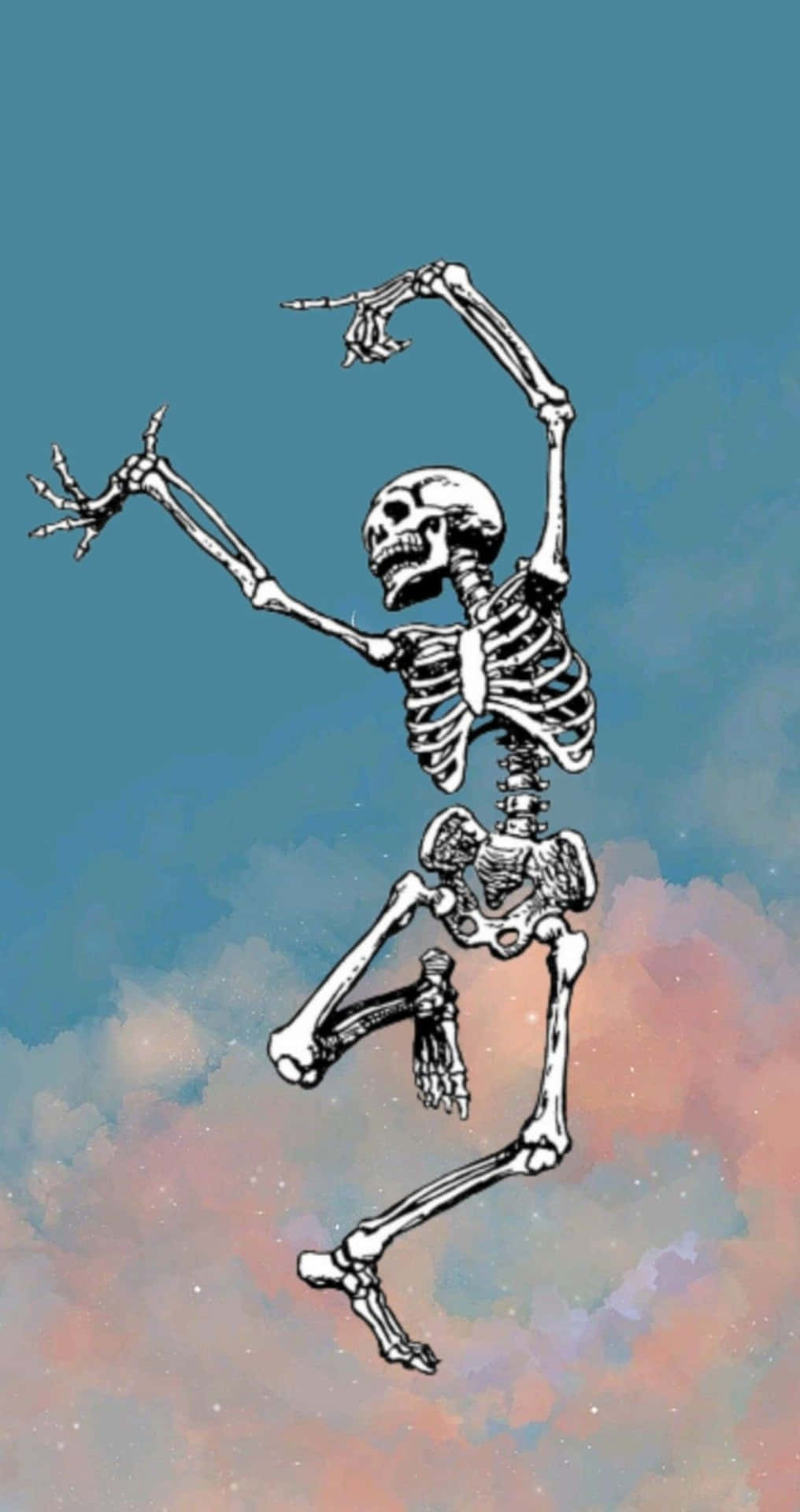  壁紙 — 一個白色骷髏在夢幻的藍綠色和粉紅色多雲星空下快樂地跳舞。