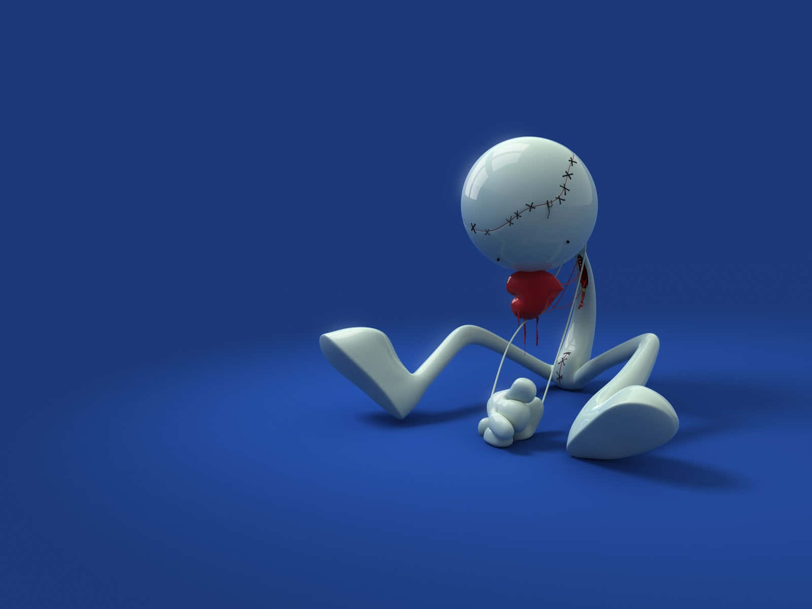  壁紙 — 一個白色縫合卡通人物獨自坐在藍色地板上，手持一個流血的心臟。