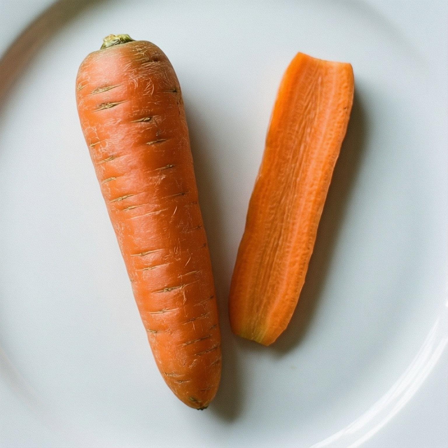 Peeled Carrot Top View 壁紙 — 一條完整的橙色紅蘿蔔及其去皮的一半，在柔和燈光下並排放在純白碟子上。