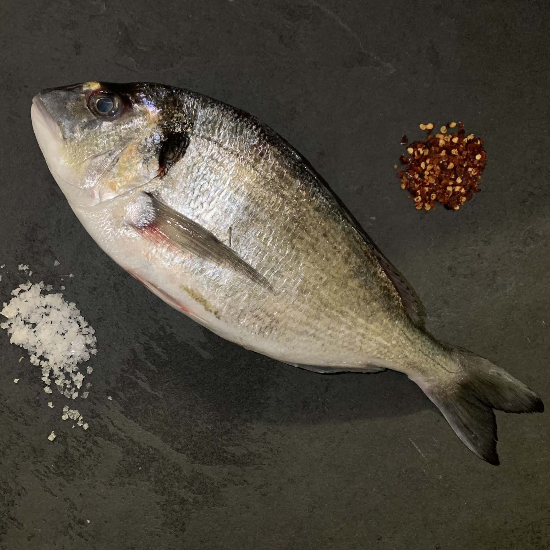  壁紙 — 一條完整的銀色魚躺在深色石板表面上，旁邊有粗鹽和碎紅辣椒堆。