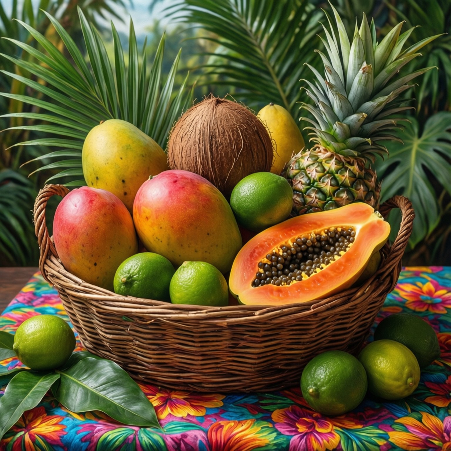 Caribbean American Heritage Month 桌布 壁紙 — 一個柳條籃子裝滿了菠蘿、木瓜和芒果等熱帶水果，放在鮮豔的花卉桌布上，背景是茂密的綠色棕櫚葉。