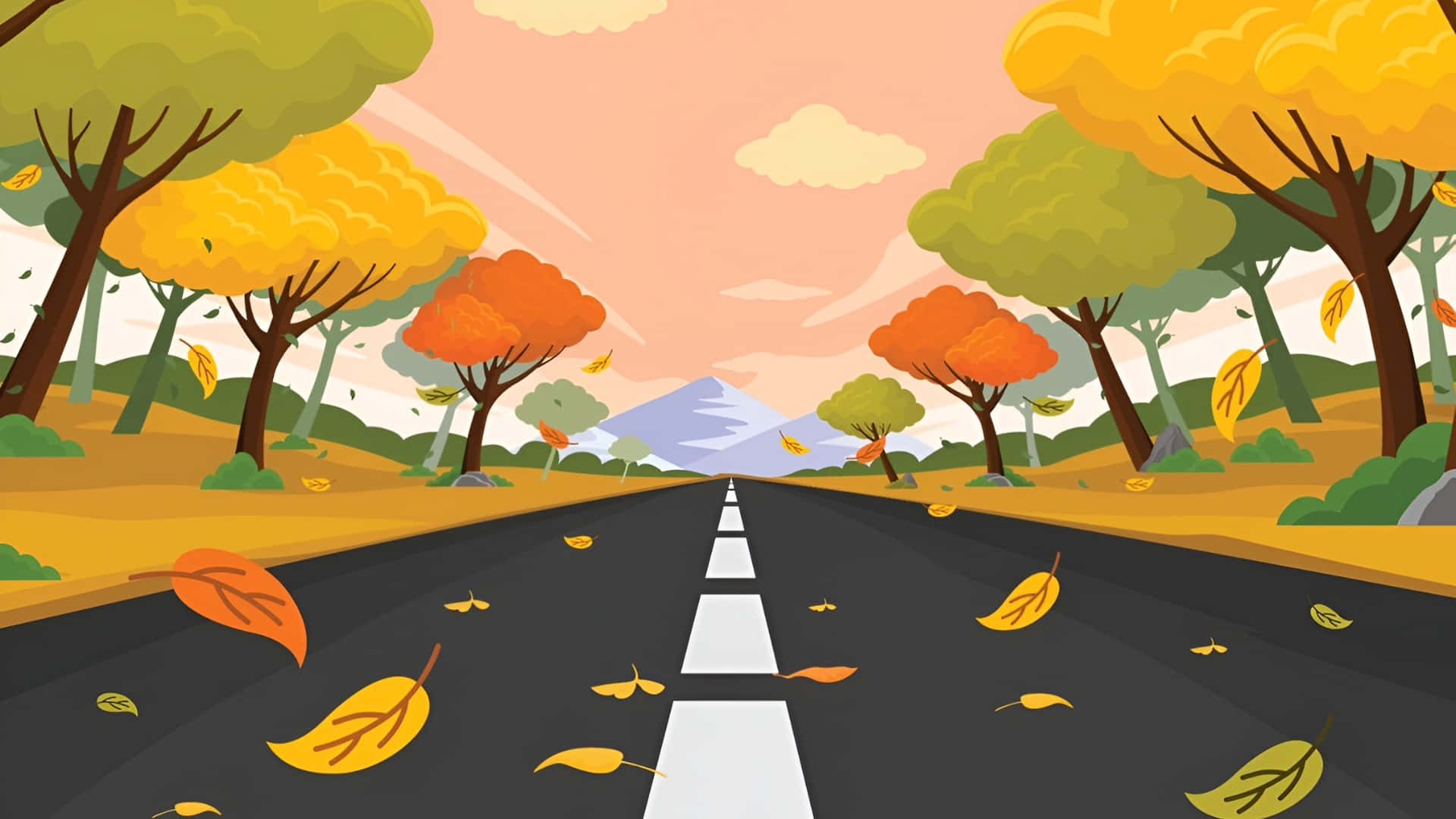  壁紙 — 一條蜿蜒的秋日道路，兩旁是色彩繽紛的樹木，落葉飄飄，天空柔和粉紅。