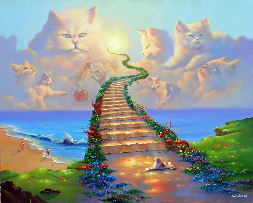 進入祂的永恆國度 壁紙 — 一條蜿蜒的花卉樓梯從沙灘向上延伸，通往充滿柔和光芒中寧靜貓臉的天空。