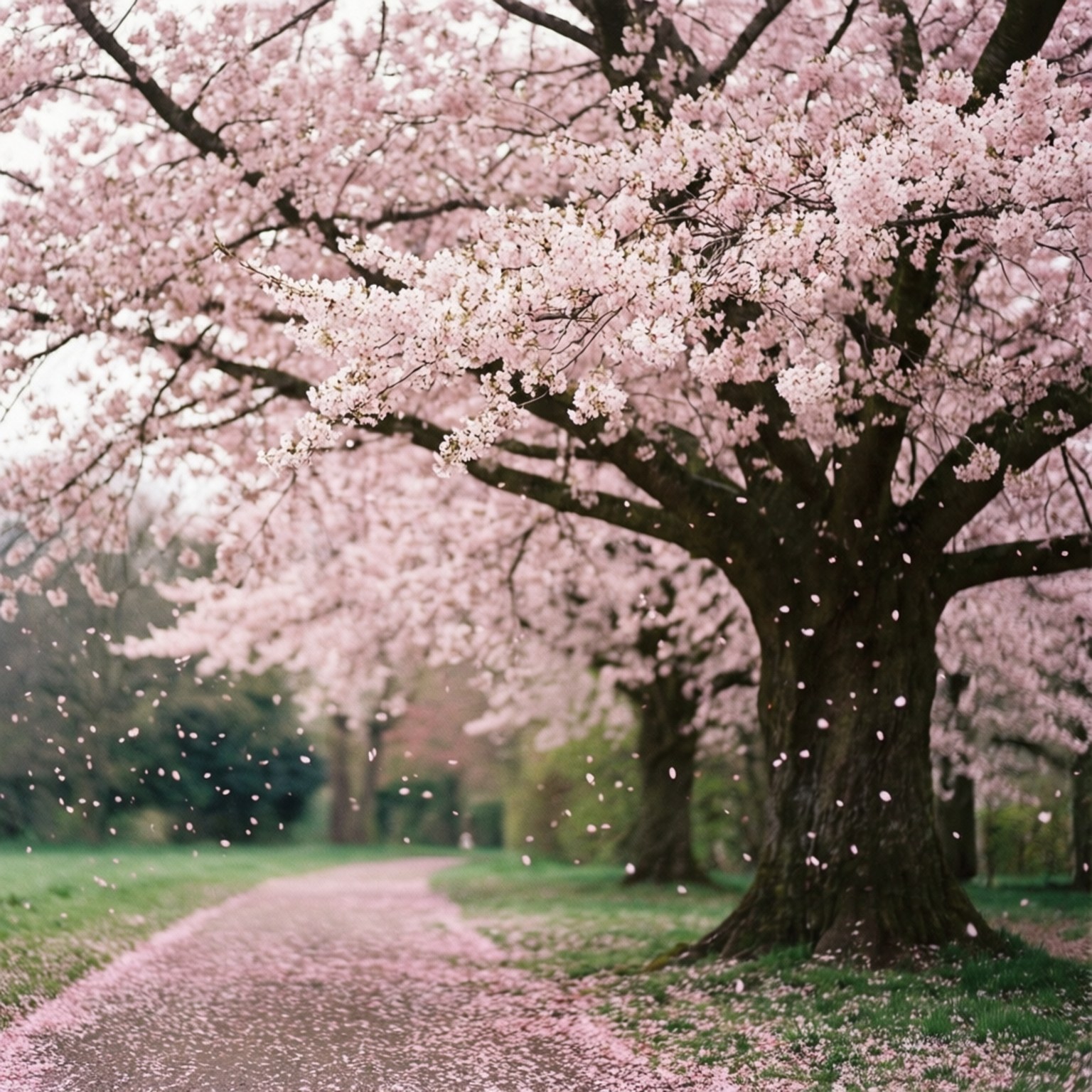 Cherry Blossom Bliss 壁紙 — 一條蜿蜒小徑，兩旁盛開的櫻花樹，粉紅花瓣在柔和春光中飄落。