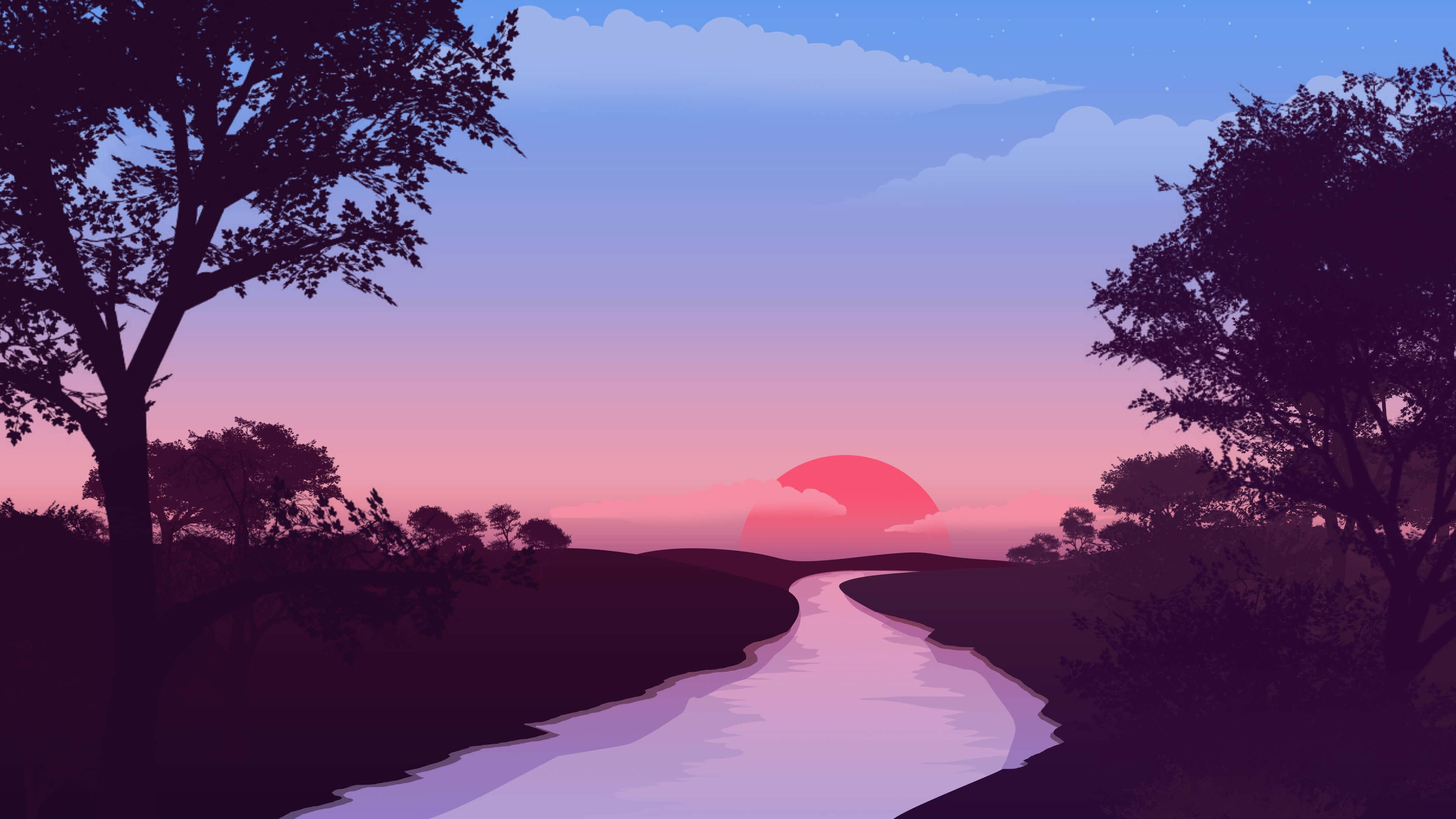 Sunset Painting 桌布 壁紙 — 一條蜿蜒的河流流經暮色景觀，被剪影樹木環繞，下方是漸變天空和一顆發光的紅色太陽。