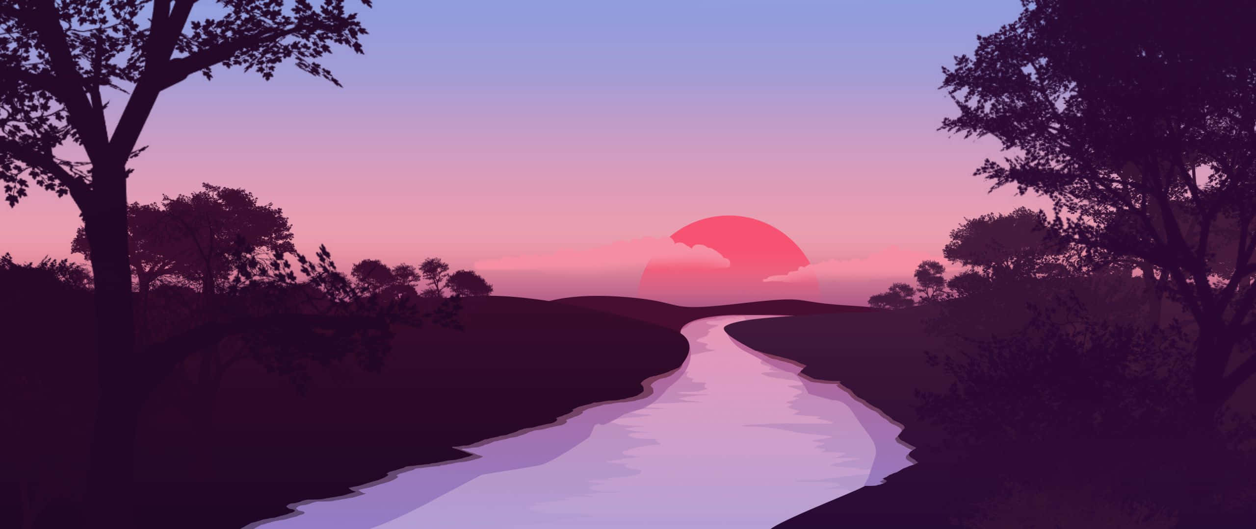 Sunset Painting 桌布 壁紙 — 一條蜿蜒的河流在寧靜的暮色景觀中，映照出樹木剪影之間閃爍的粉紅色日落。
