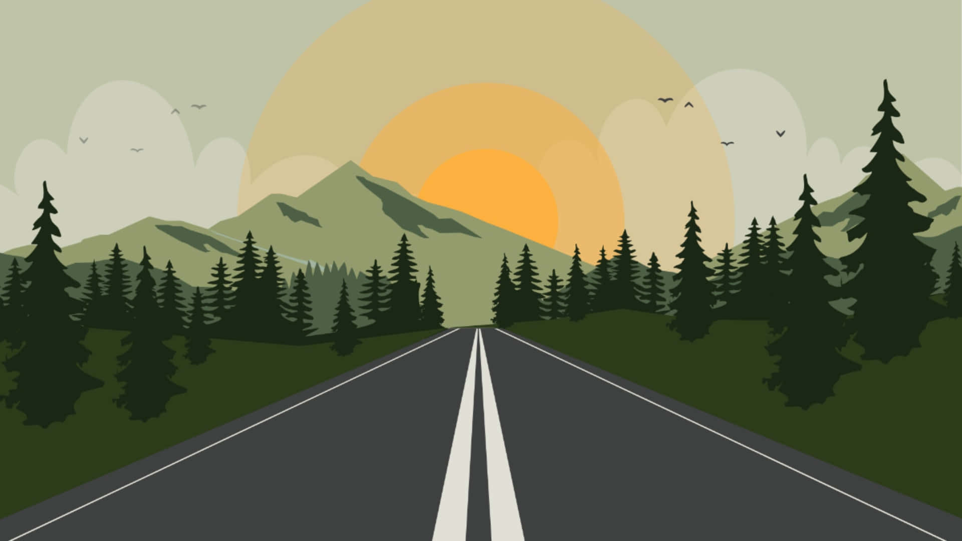  壁紙 — 一條蜿蜒的道路在溫暖的日落中延伸向山脈，襯托著松樹和飛鳥的剪影。