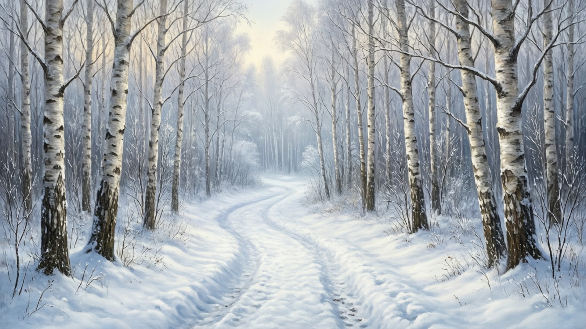 柔和冬日陽光下，白樺樹排列的雪地森林小徑。